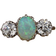 Rare Art Deco G VVS 1.65 Carat Diamond 1.25 Carat Opal Platinum Trilogy Ring