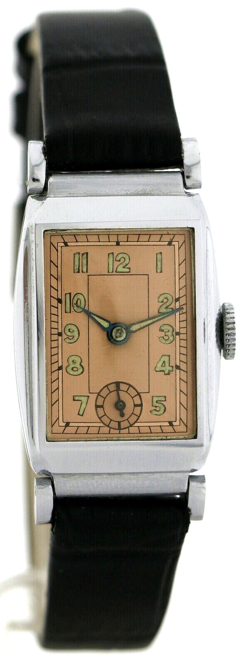 For those gents out there who desire a less than generic looking watch, who aspire for something not only classy but very distinctively Art Deco then this maybe the timepiece for you! This is a very rare opportunity to acquire a perfect condition