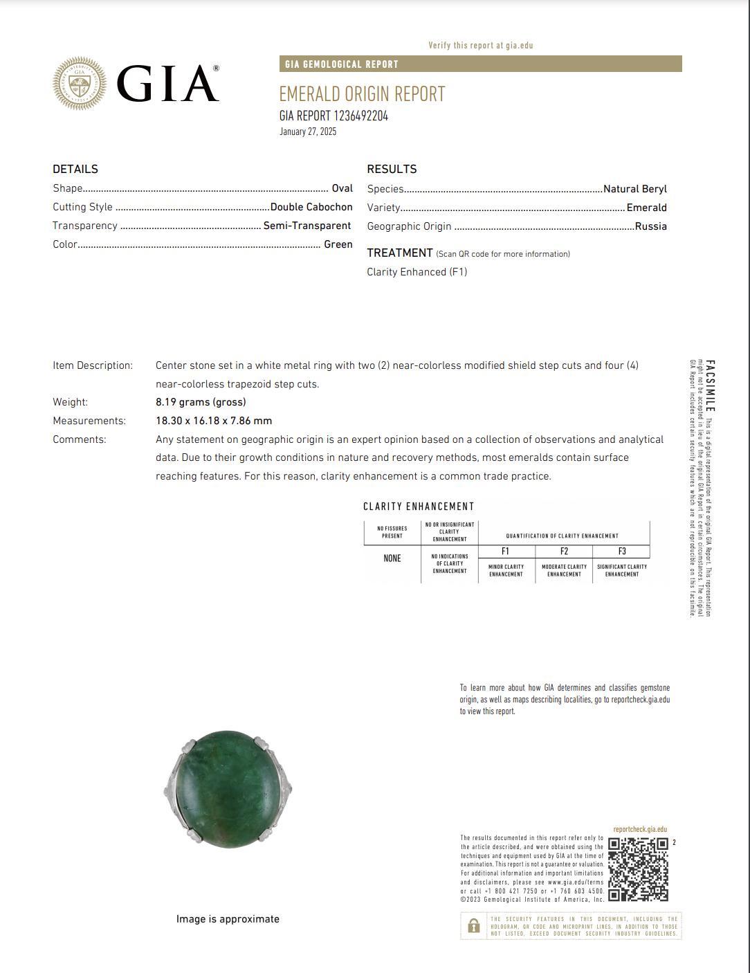 Rare Art Deco GIA Certified Emerald Cabochon Approx 17.03 Carats Minor Oil In Good Condition In Media, PA