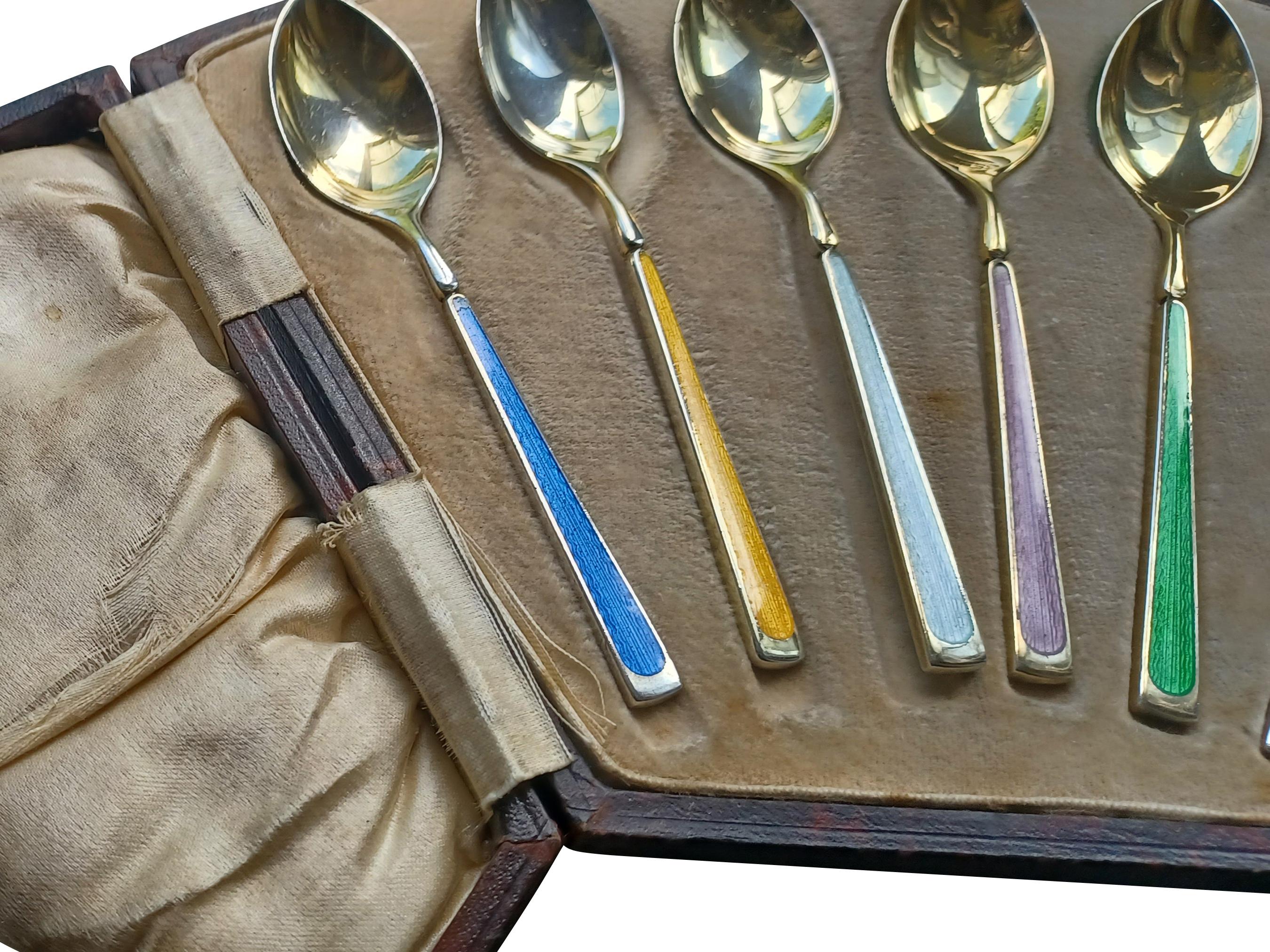 Rare Art Deco Gilt Guilloche Enamel Teaspoon Set in Original Leather Case For Sale 9