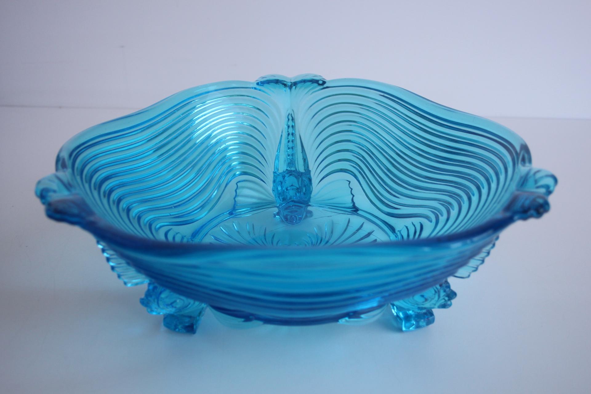 Rare Art Deco Glass Josef Inwald With Fish Feet Bowl-Gorgeous Rich Blue, 1930s For Sale 9