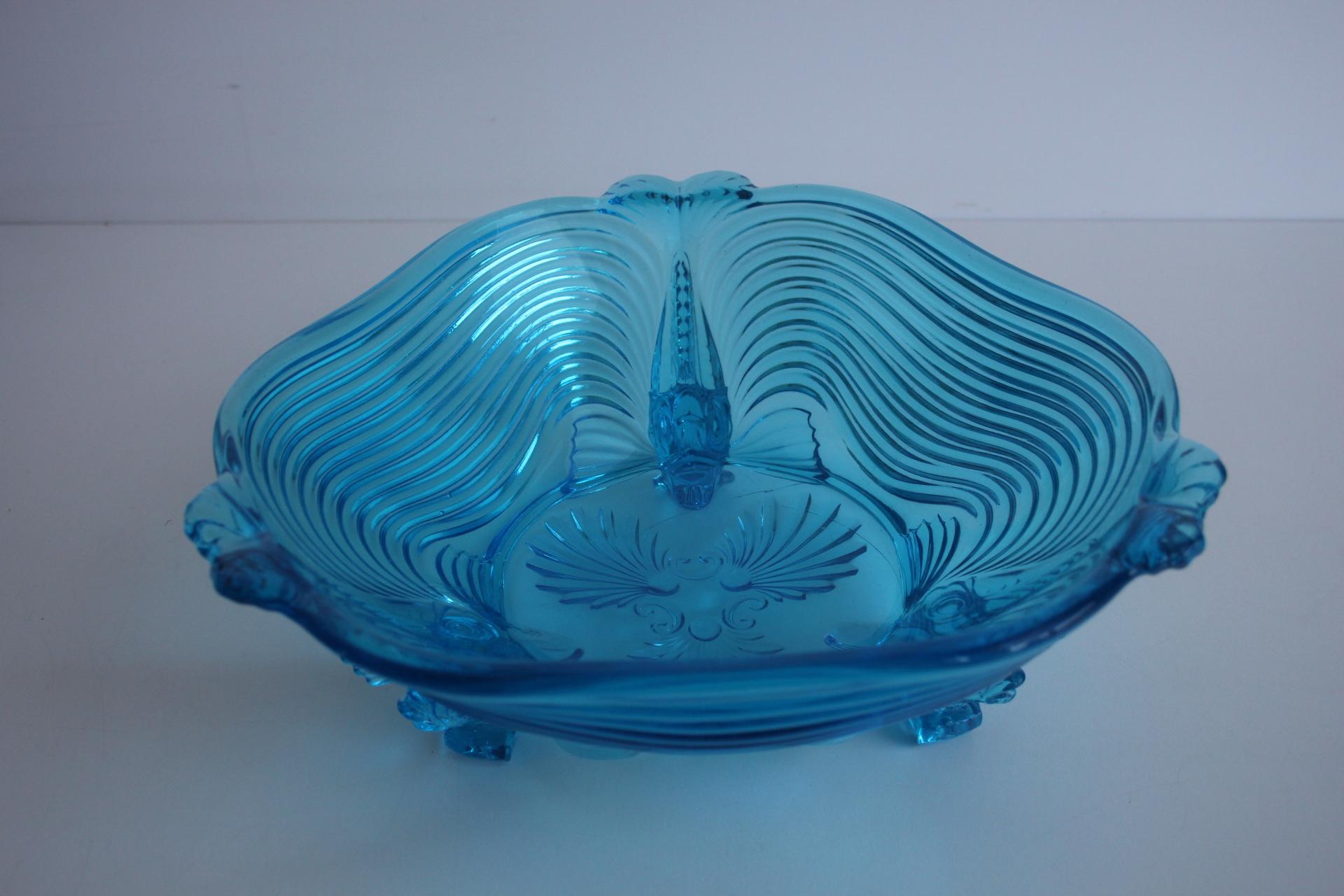 Czech Rare Art Deco Glass Josef Inwald With Fish Feet Bowl-Gorgeous Rich Blue, 1930s For Sale