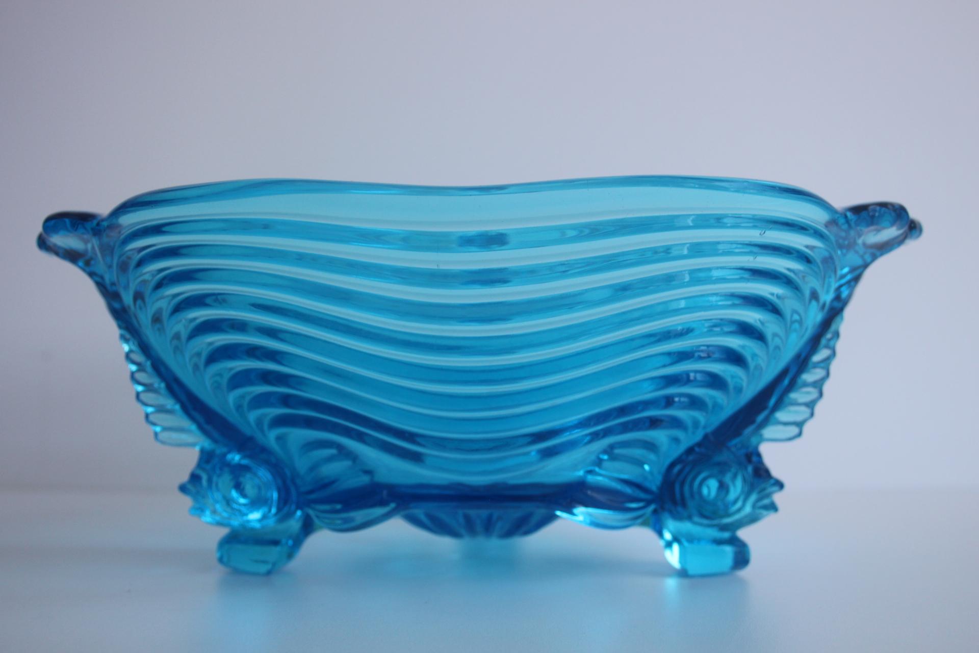 Mid-20th Century Rare Art Deco Glass Josef Inwald With Fish Feet Bowl-Gorgeous Rich Blue, 1930s For Sale