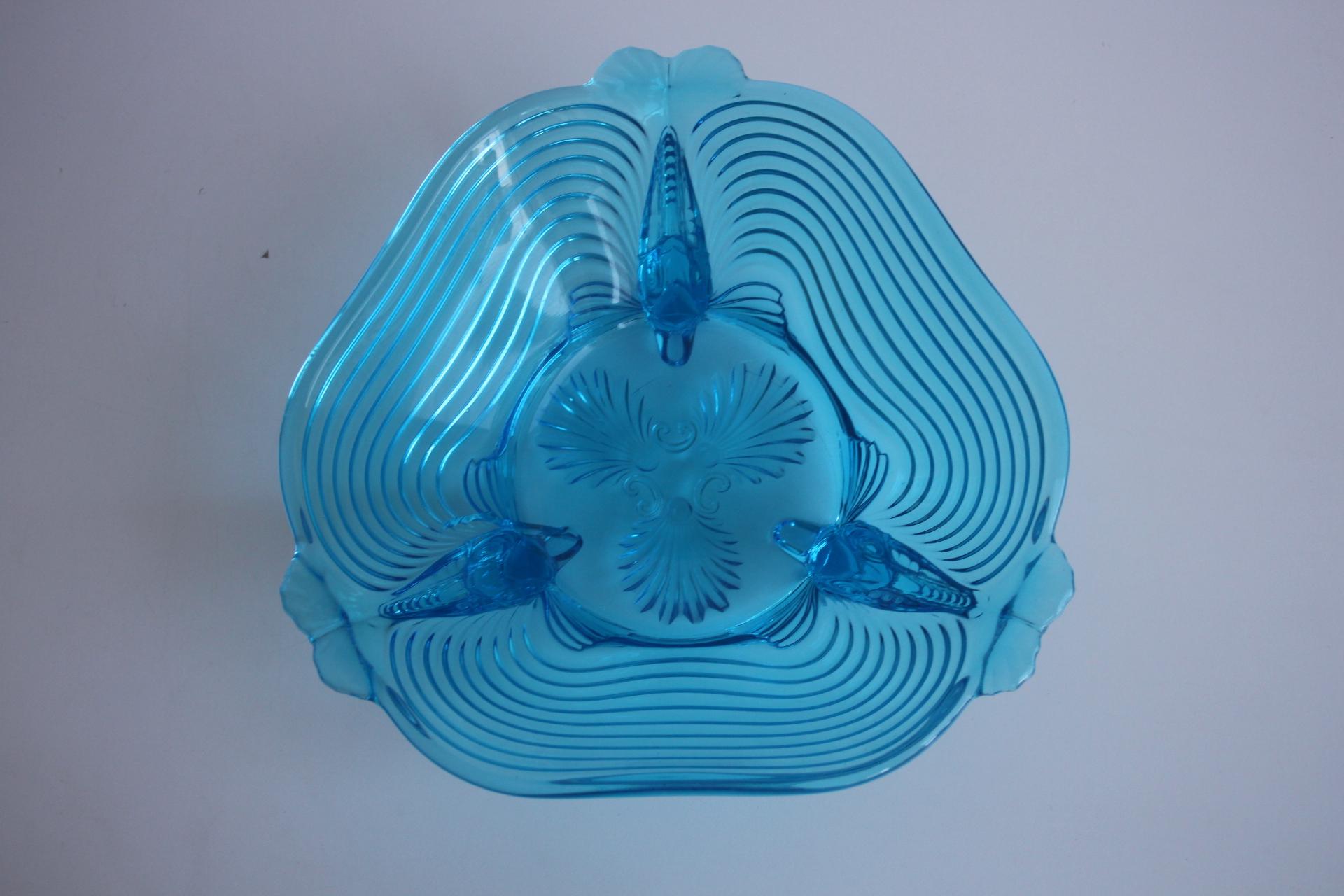 Art Glass Rare Art Deco Glass Josef Inwald With Fish Feet Bowl-Gorgeous Rich Blue, 1930s For Sale