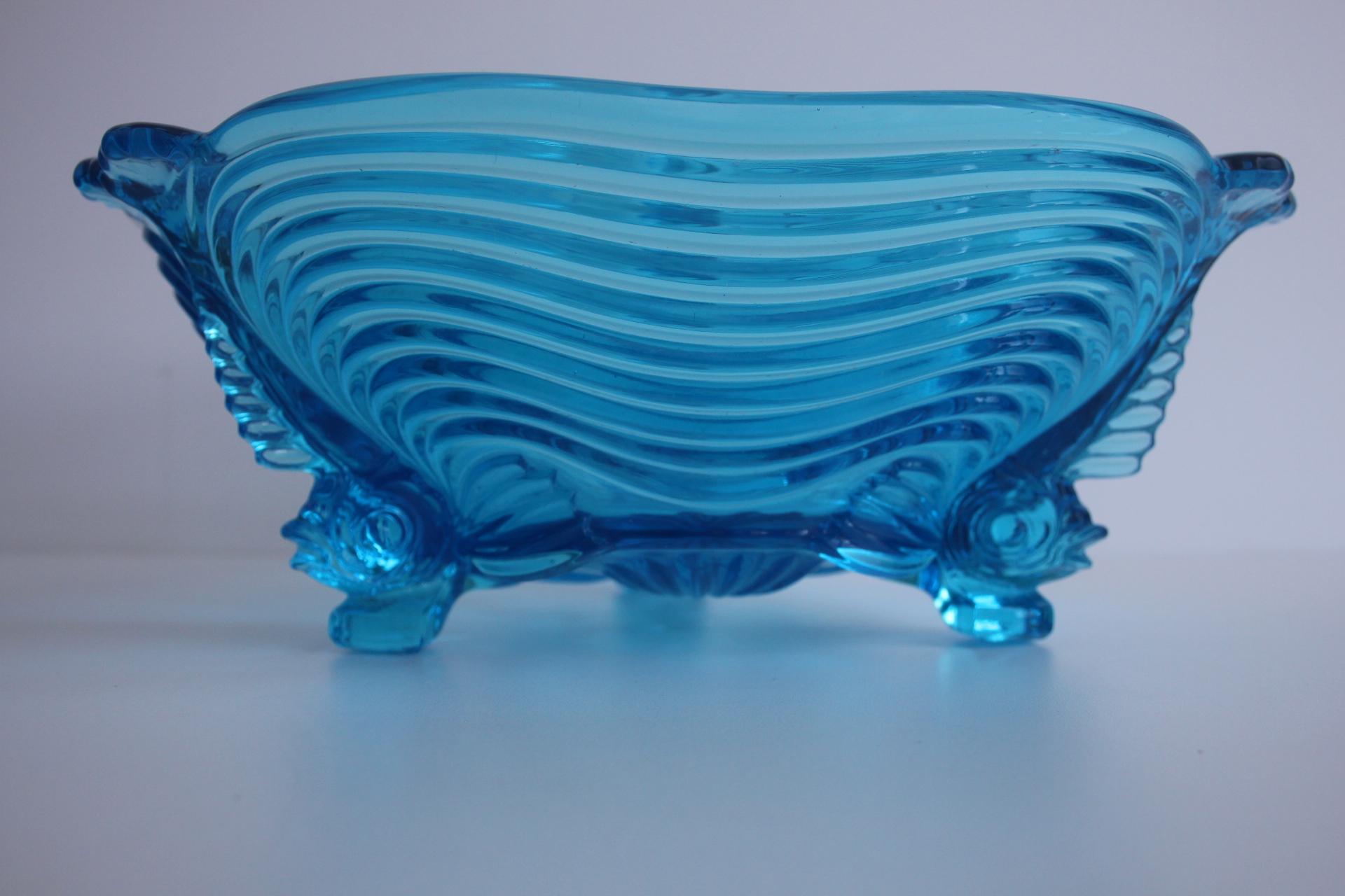 Rare Art Deco Glass Josef Inwald With Fish Feet Bowl-Gorgeous Rich Blue, 1930s For Sale 3