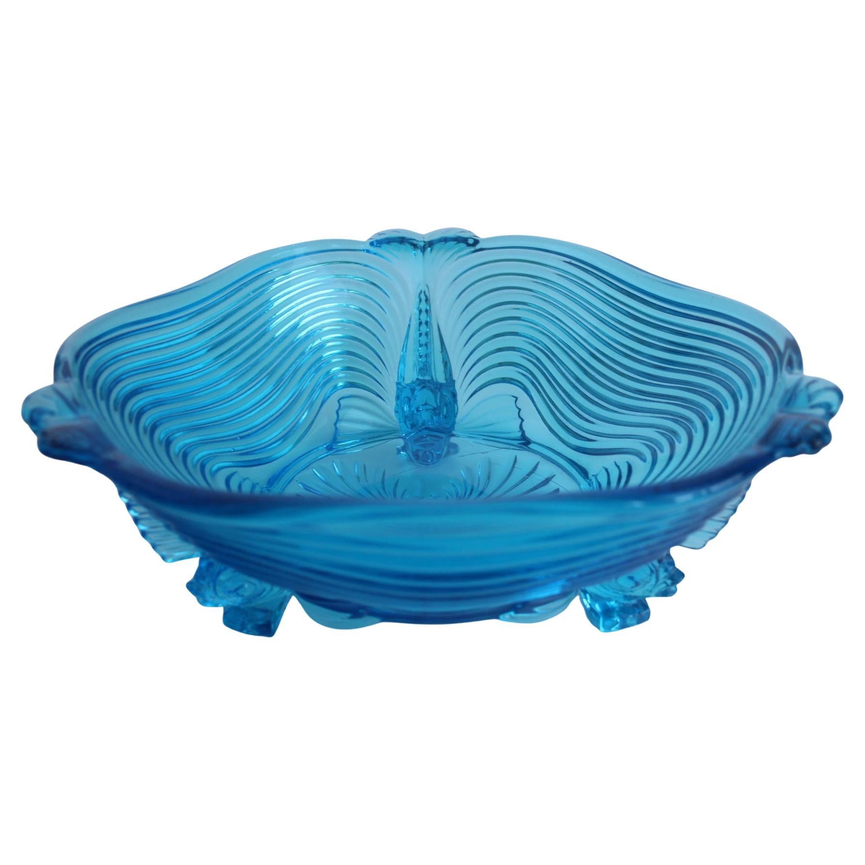 Rare Art Deco Glass Josef Inwald With Fish Feet Bowl-Gorgeous Rich Blue, 1930s For Sale