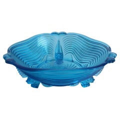 Rare Art Deco Glass Josef Inwald With Fish Feet Bowl-Gorgeous Rich Blue, 1930s