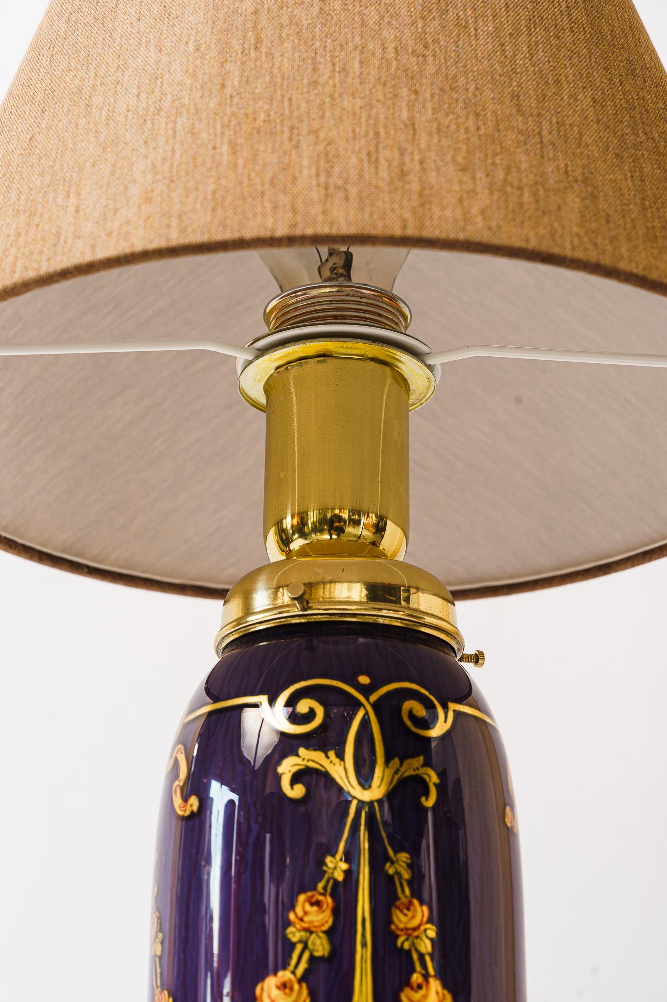 Austrian Rare Art Deco Glass Table Lamp with Fabric Shade, Vienna, Around 1920s  For Sale