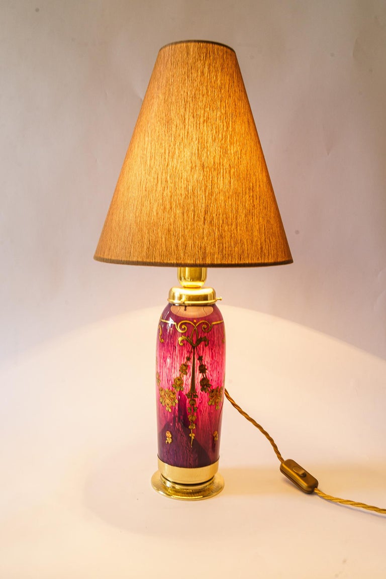 Rare Art Deco Glass Table Lamp with Fabric Shade, Vienna, Around 1920s