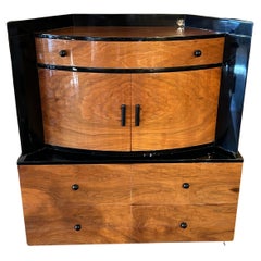 Rare Art Deco Glossy Lacquer Honey Walnut & Ebonized Wood Commode