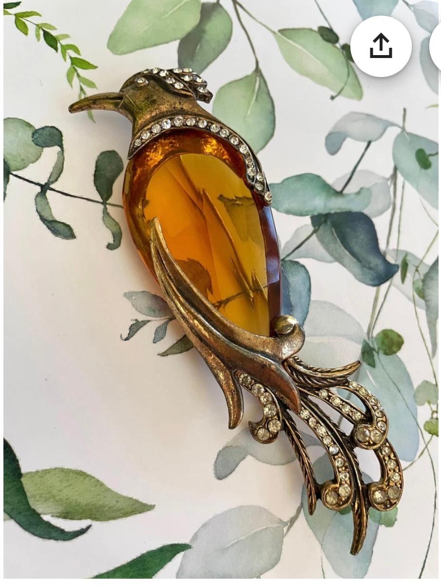 Rare Art Deco H. Pomerantz Inc. N.Y. Amber Jelly Belly Bird Pin Brooch 5 Inches For Sale 6