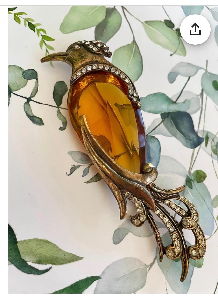 Rare Art Deco H. Pomerantz Inc. N.Y. Amber Jelly Belly Bird Pin Brooch 5 Inches For Sale 4