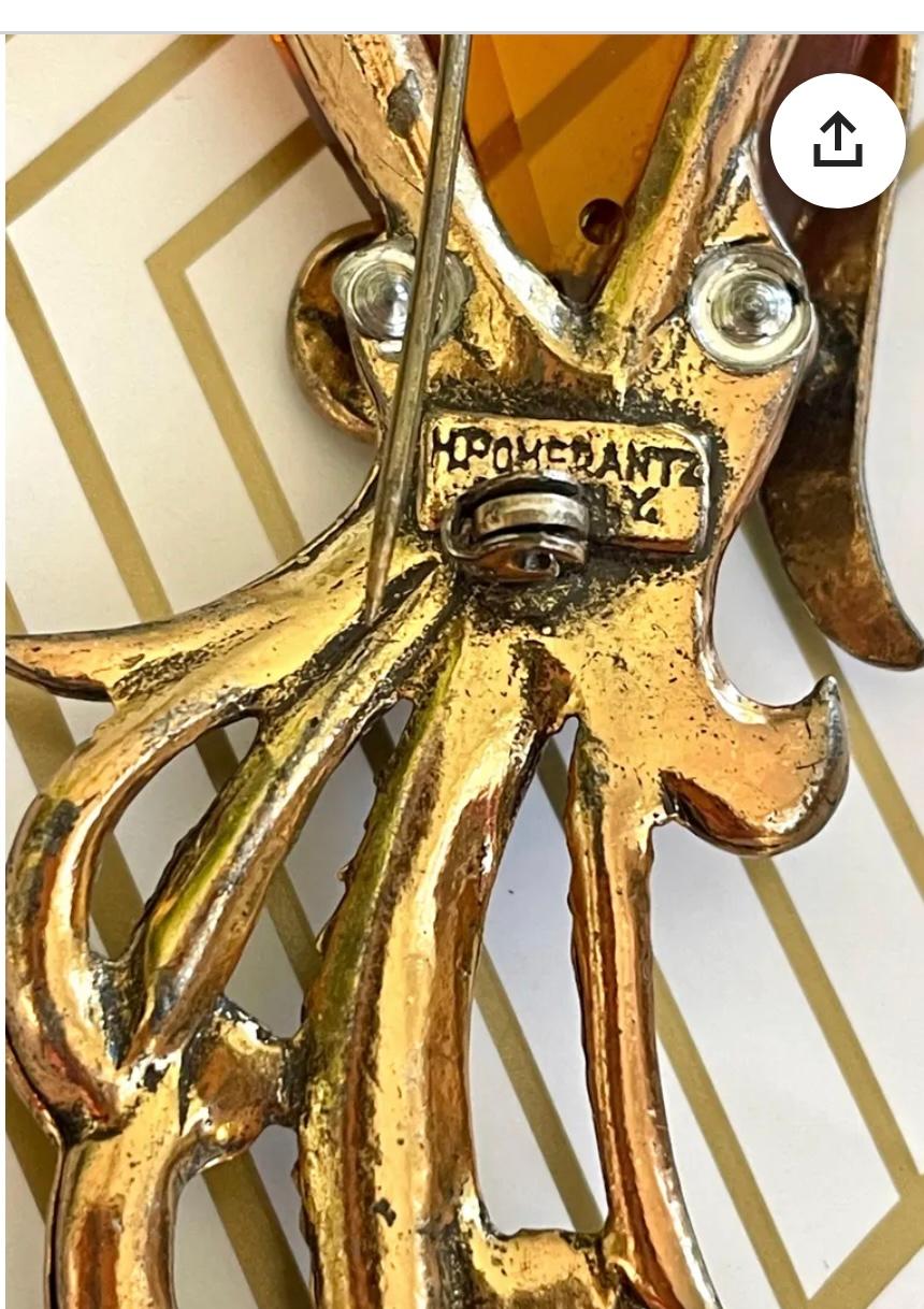 Rare Art Deco H. Pomerantz Inc. N.Y. Amber Jelly Belly Bird Pin Brooch 5 Inches For Sale 5