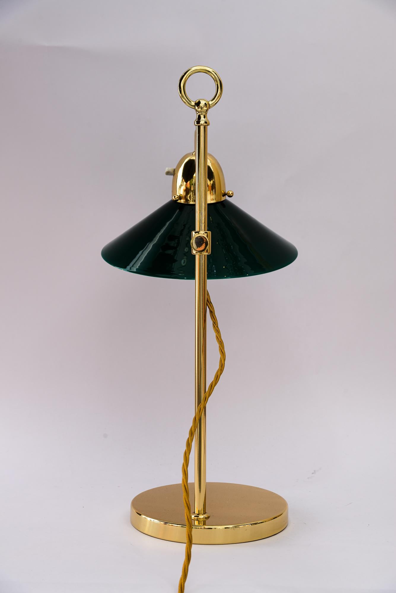Polished Rare Art Deco hight adjustable condor table lamp with original glass shade 1920s For Sale