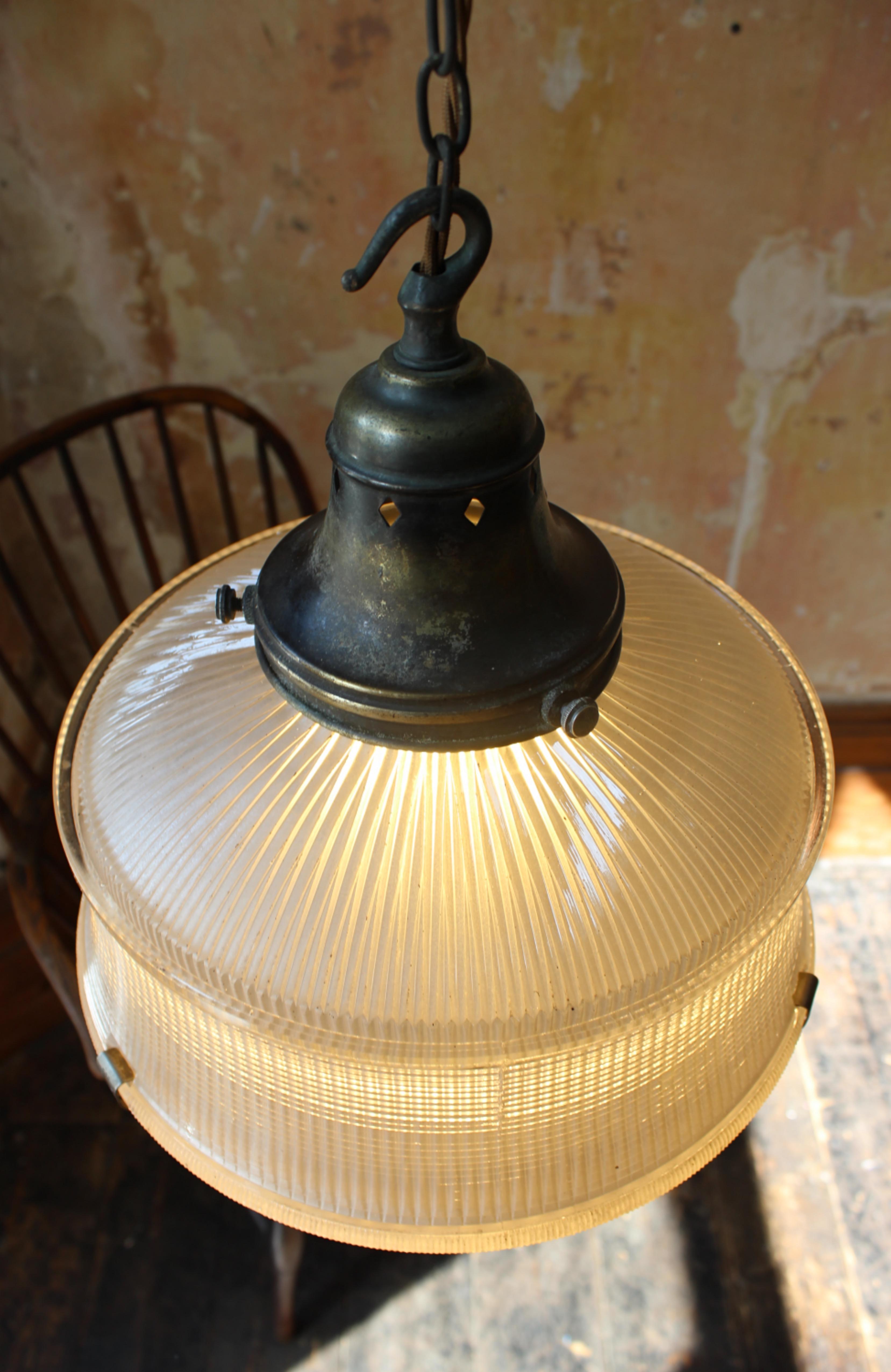 Rare Art Deco Holophane Prismatic & Bronze Pendant Lantern Light 5
