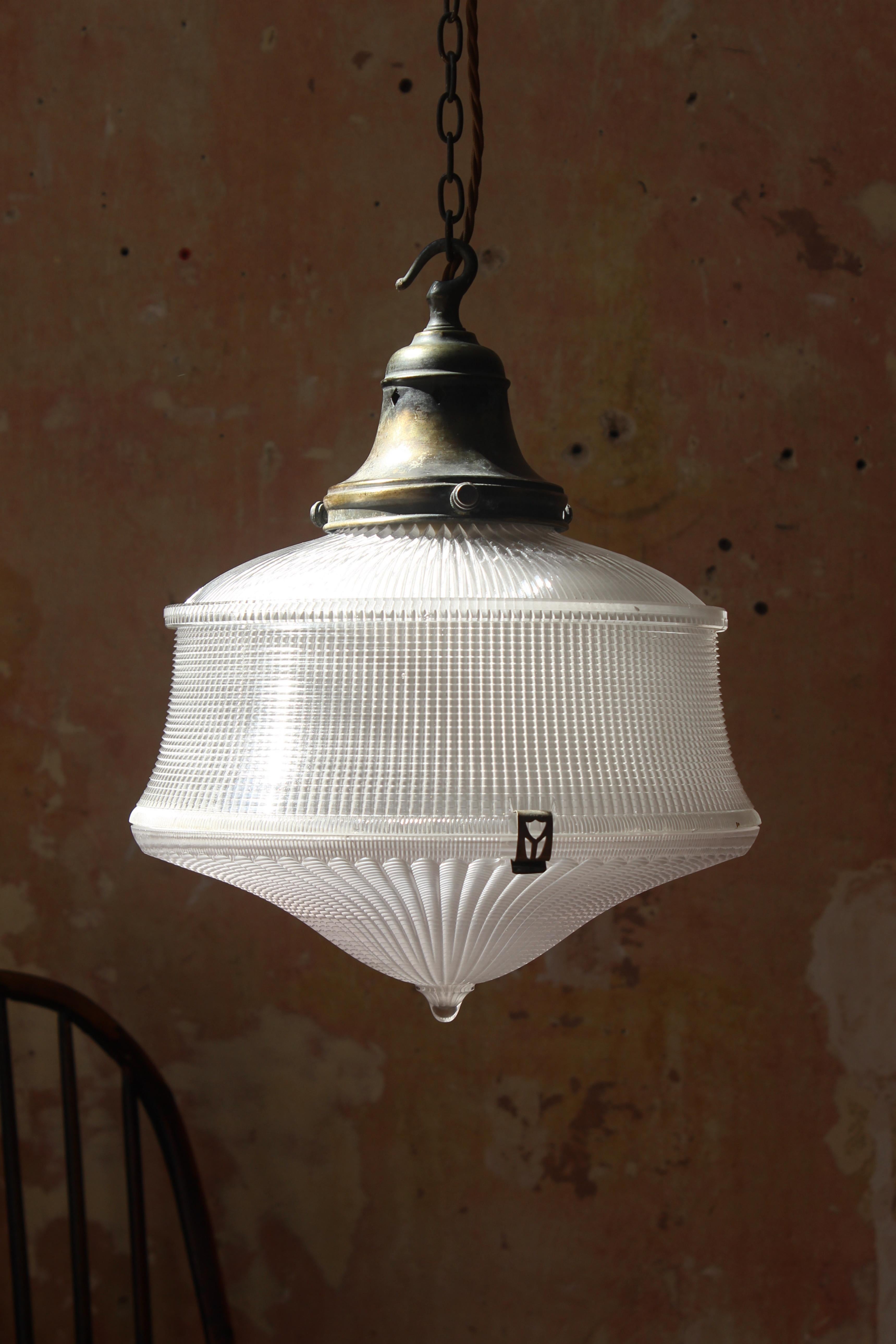 Rare Art Deco Holophane Prismatic & Bronze Pendant Lantern Light 9