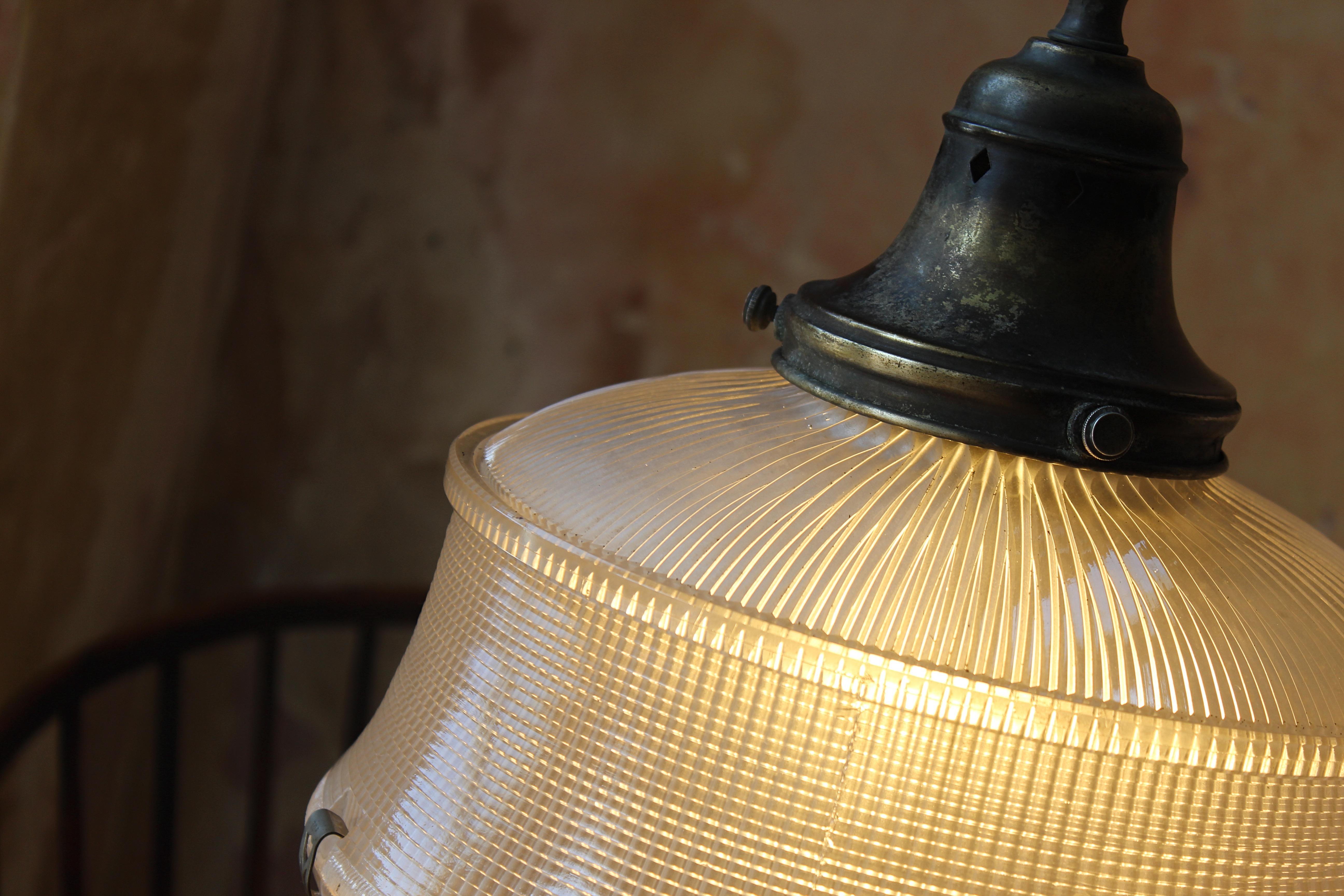 British Rare Art Deco Holophane Prismatic & Bronze Pendant Lantern Light