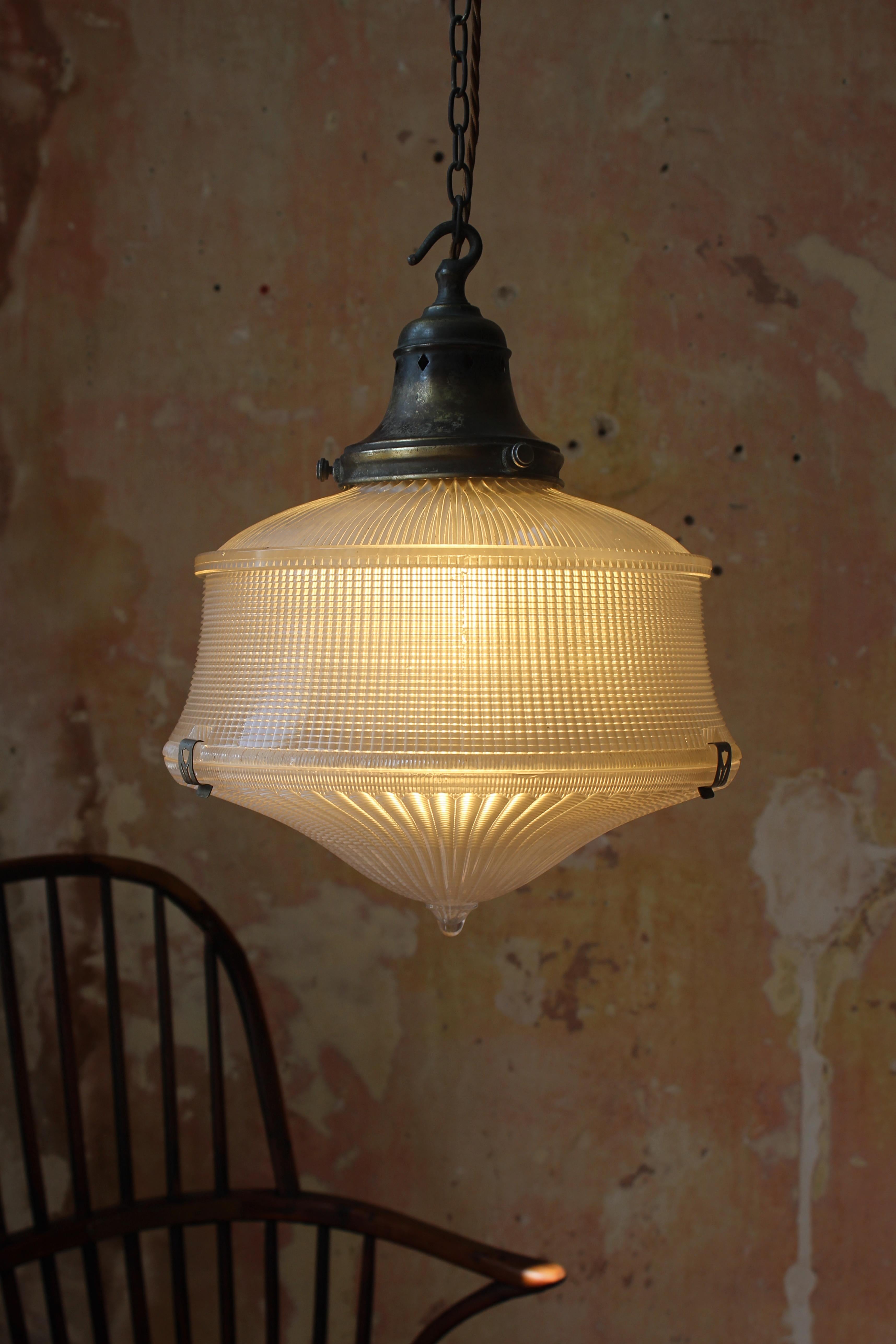 Rare Art Deco Holophane Prismatic & Bronze Pendant Lantern Light In Good Condition In Lowestoft, GB