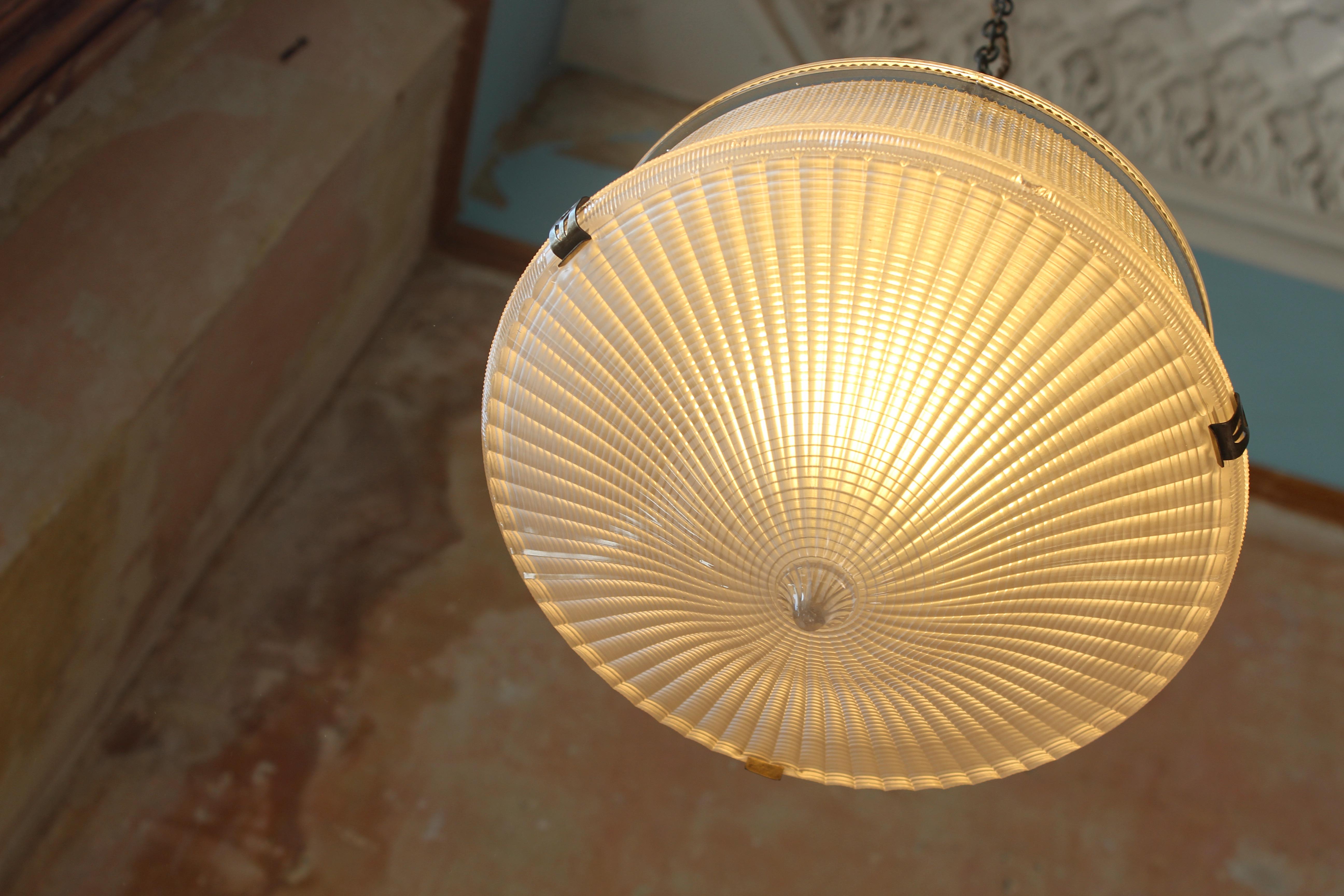 Rare Art Deco Holophane Prismatic & Bronze Pendant Lantern Light 1