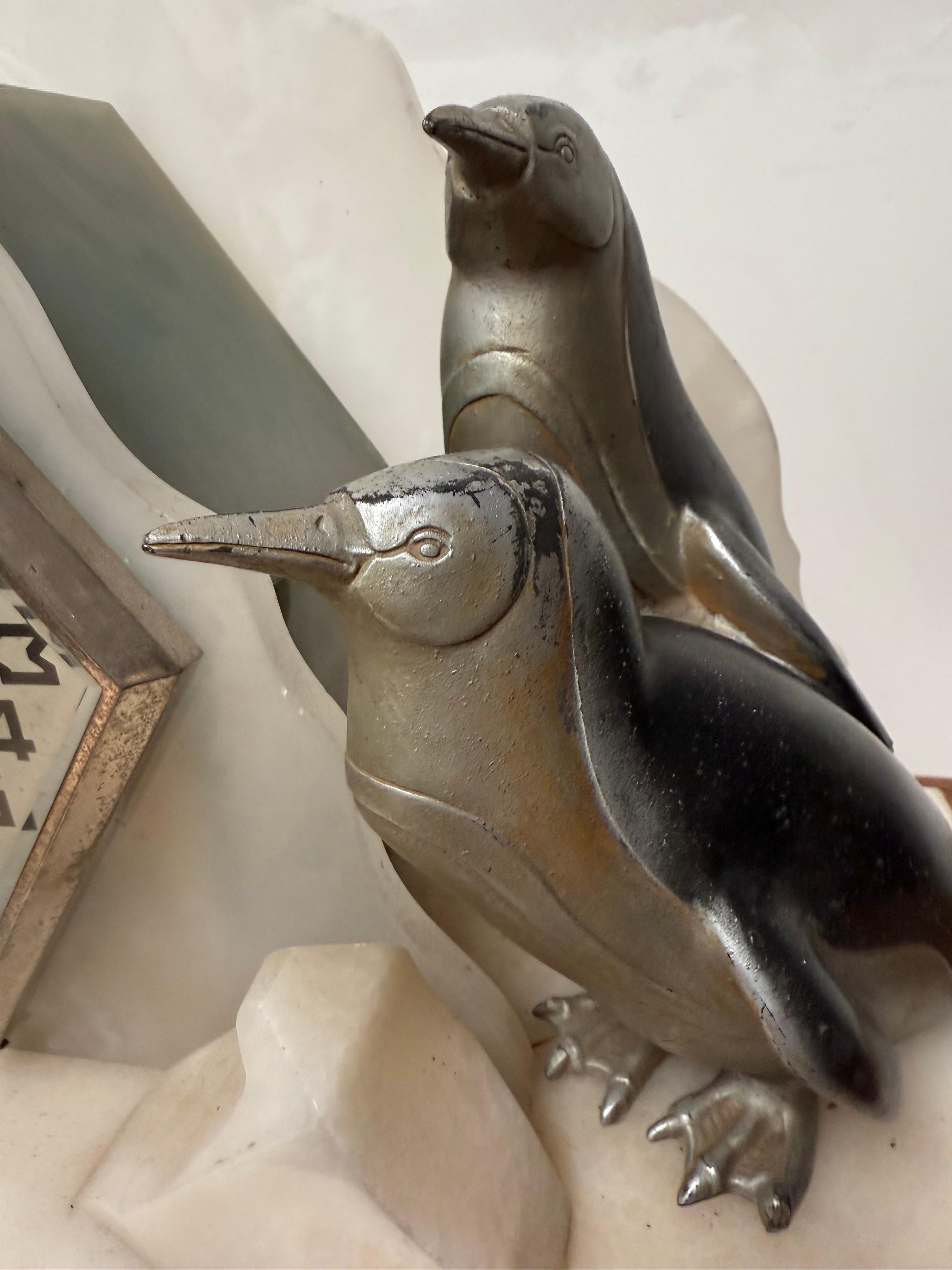 Rare Art Deco Mantel Clock with Polar Bear & Penguin Sculptures By Fournier For Sale 5
