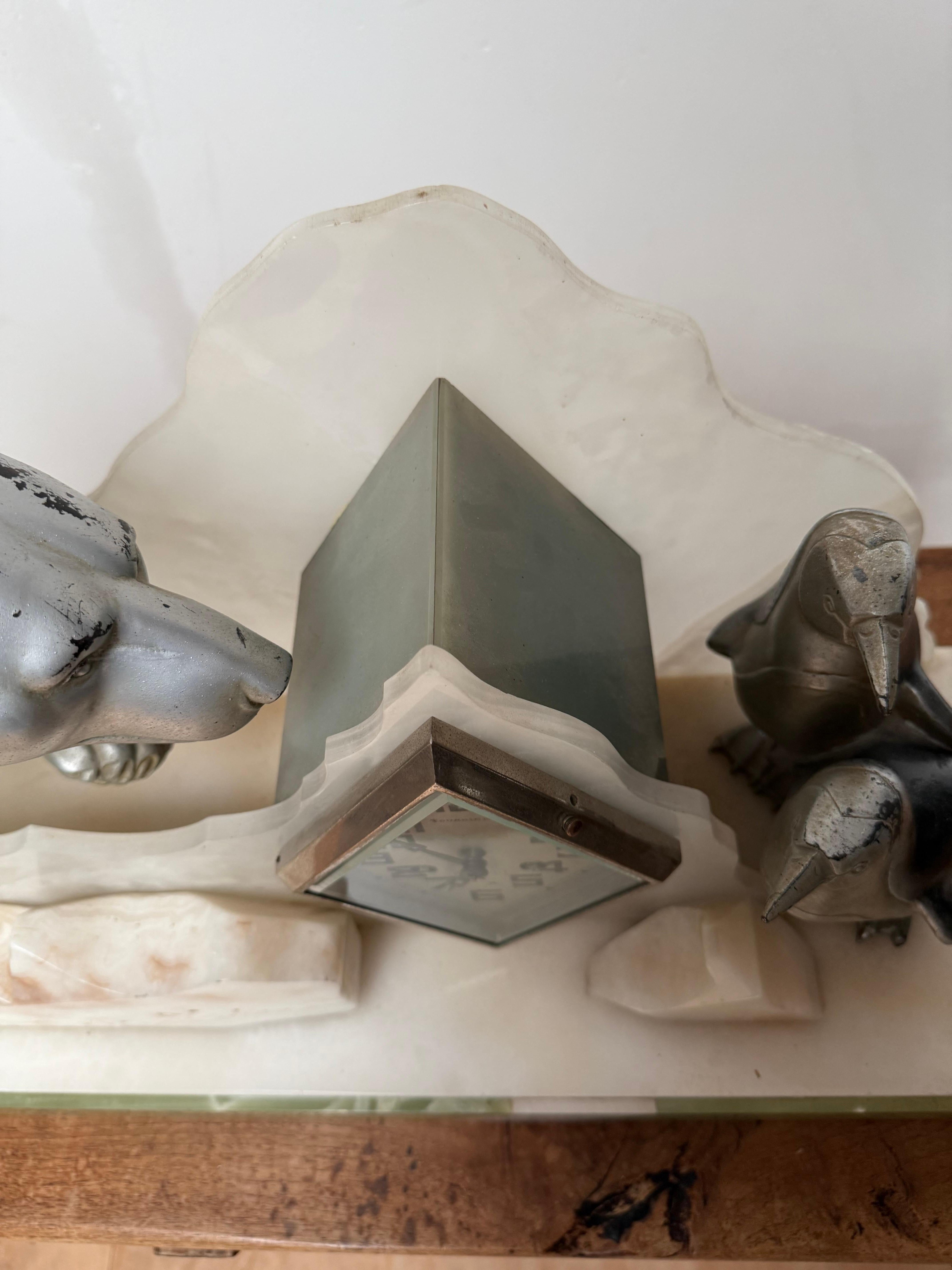 Rare Art Deco Mantel Clock with Polar Bear & Penguin Sculptures By Fournier For Sale 7