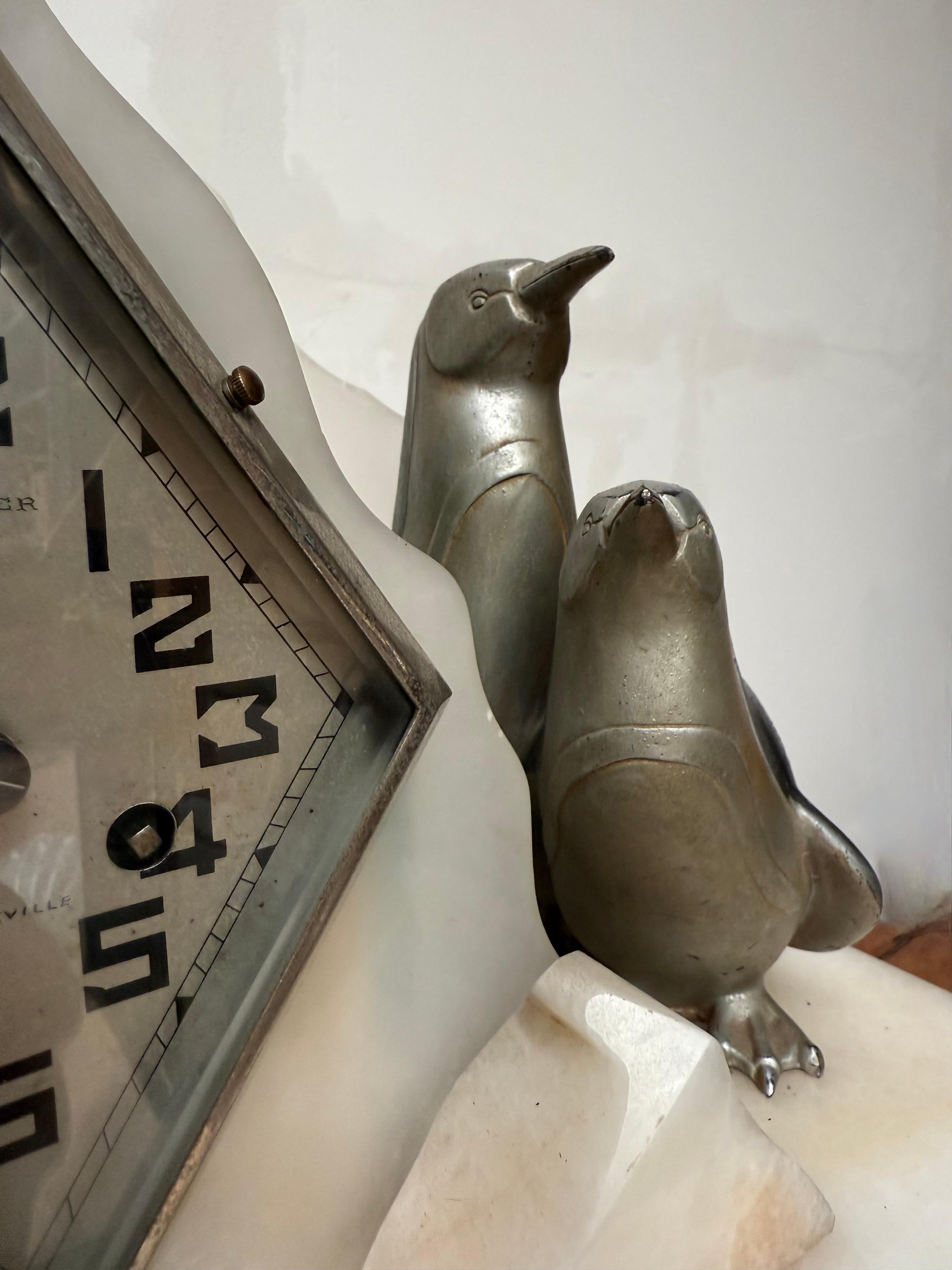 Rare Art Deco Mantel Clock with Polar Bear & Penguin Sculptures By Fournier For Sale 9