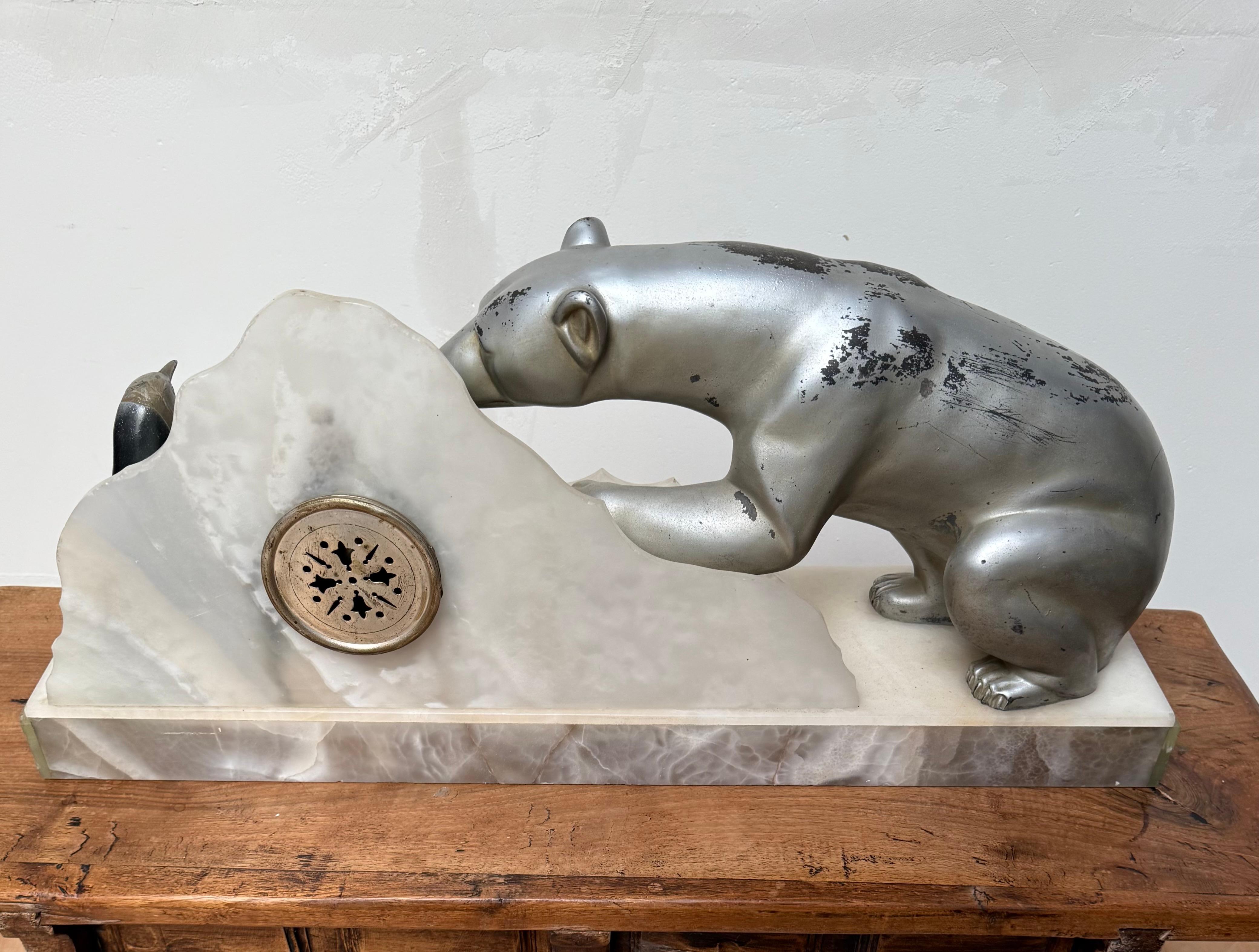 Rare Art Deco Mantel Clock with Polar Bear & Penguin Sculptures By Fournier For Sale 11