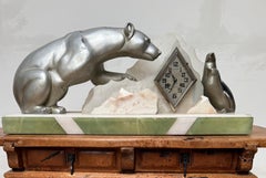 Rare Art Deco Mantel Clock with Polar Bear & Penguin Sculptures By Fournier