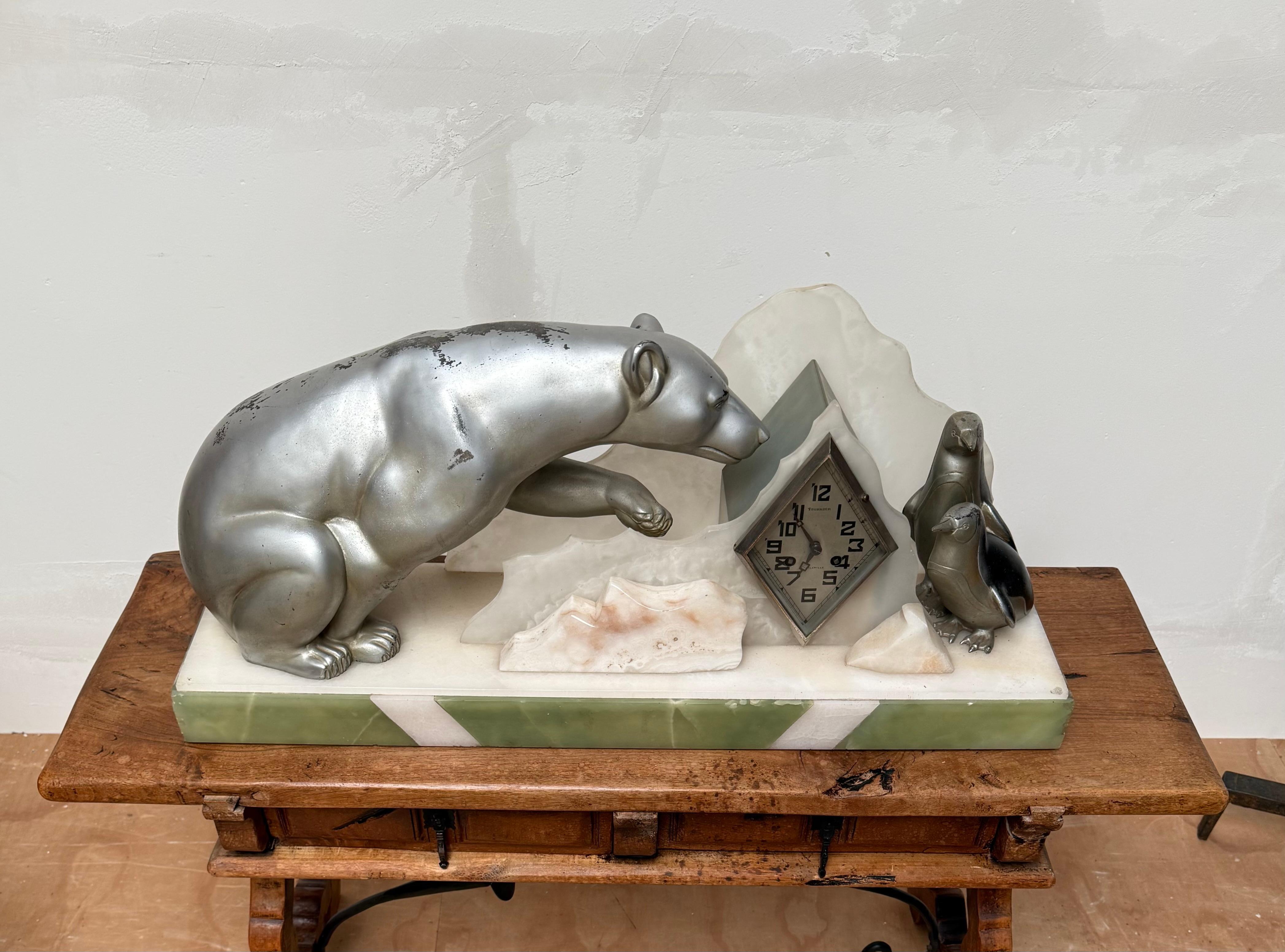 20th Century Rare Art Deco Mantel Clock with Polar Bear & Penguin Sculptures By Fournier For Sale