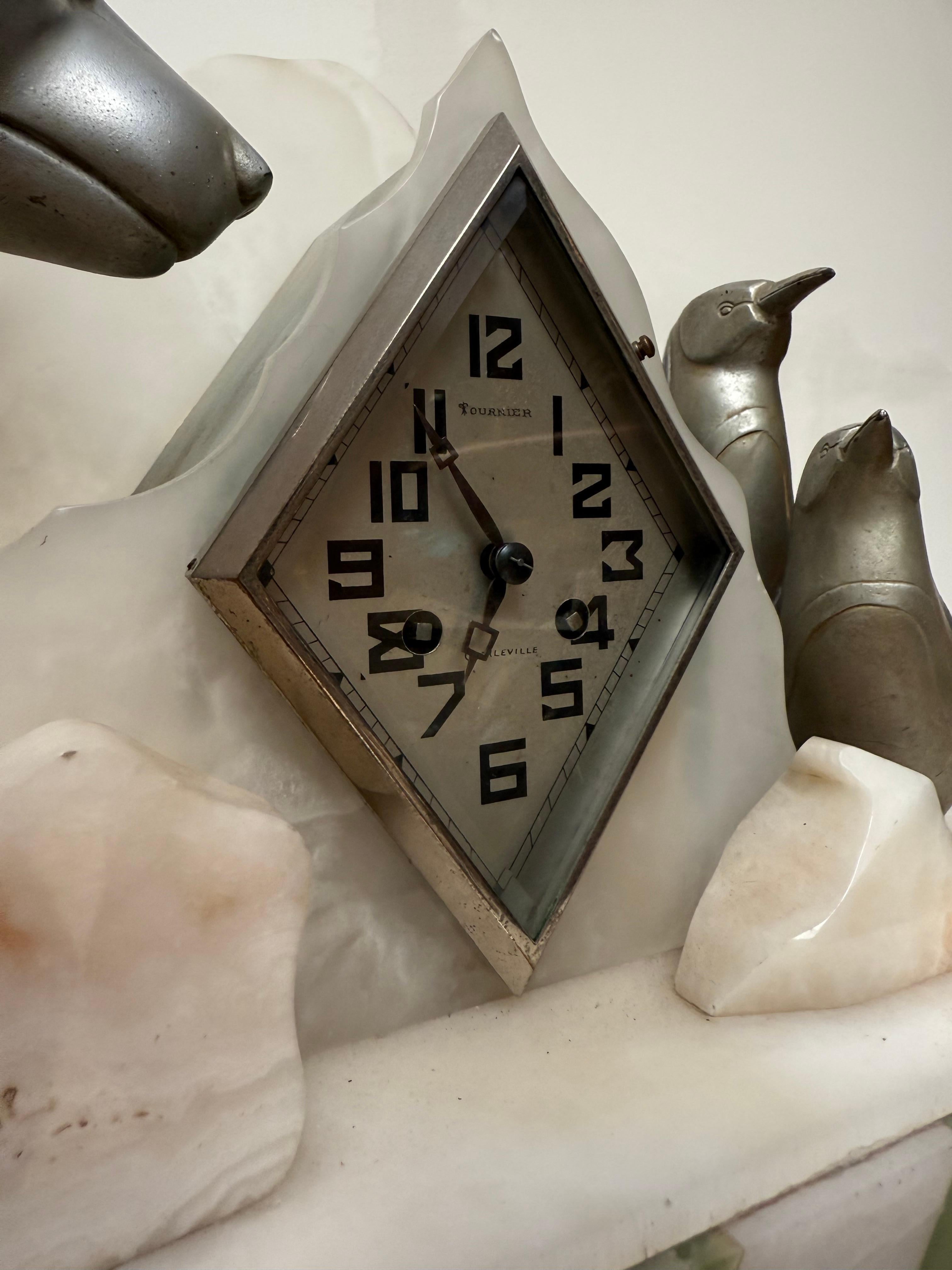Metal Rare Art Deco Mantel Clock with Polar Bear & Penguin Sculptures By Fournier For Sale
