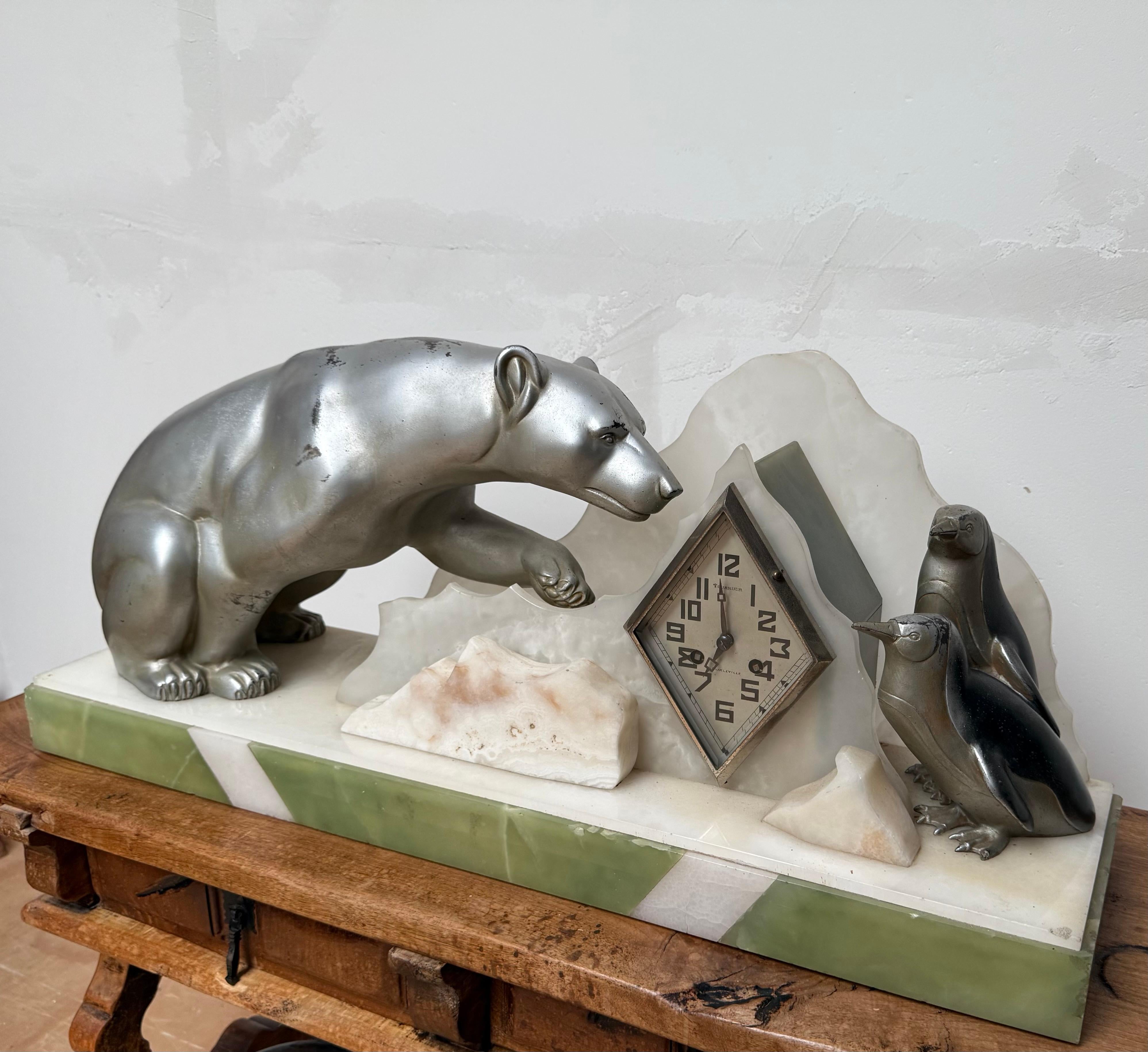 Rare Art Deco Mantel Clock with Polar Bear & Penguin Sculptures By Fournier For Sale 2