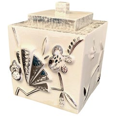 Vintage Rare Art Deco Lidded Box with Floral and Geometric Motifs, Silver and Ivory Hues