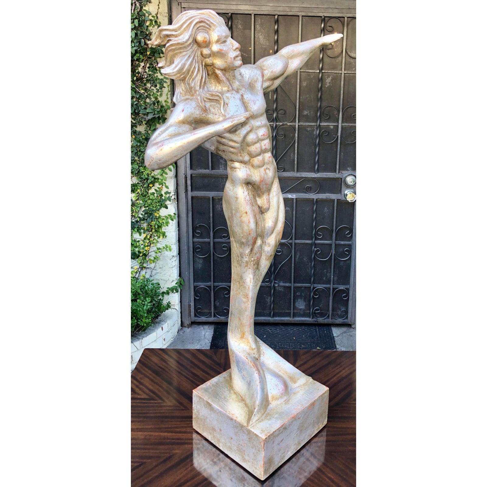 French Rare Art Deco Male Nude Merman White Gold Giltwood Sculpture