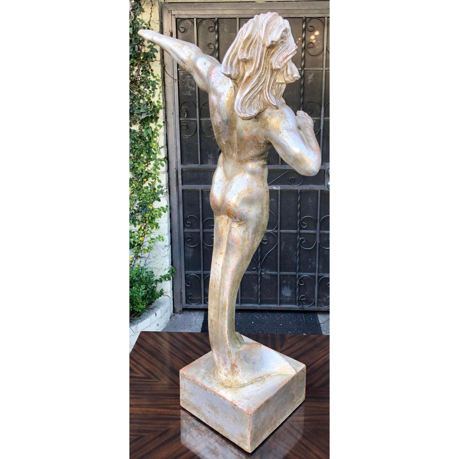 Rare Art Deco Male Nude Merman White Gold Giltwood Sculpture In Good Condition In LOS ANGELES, CA