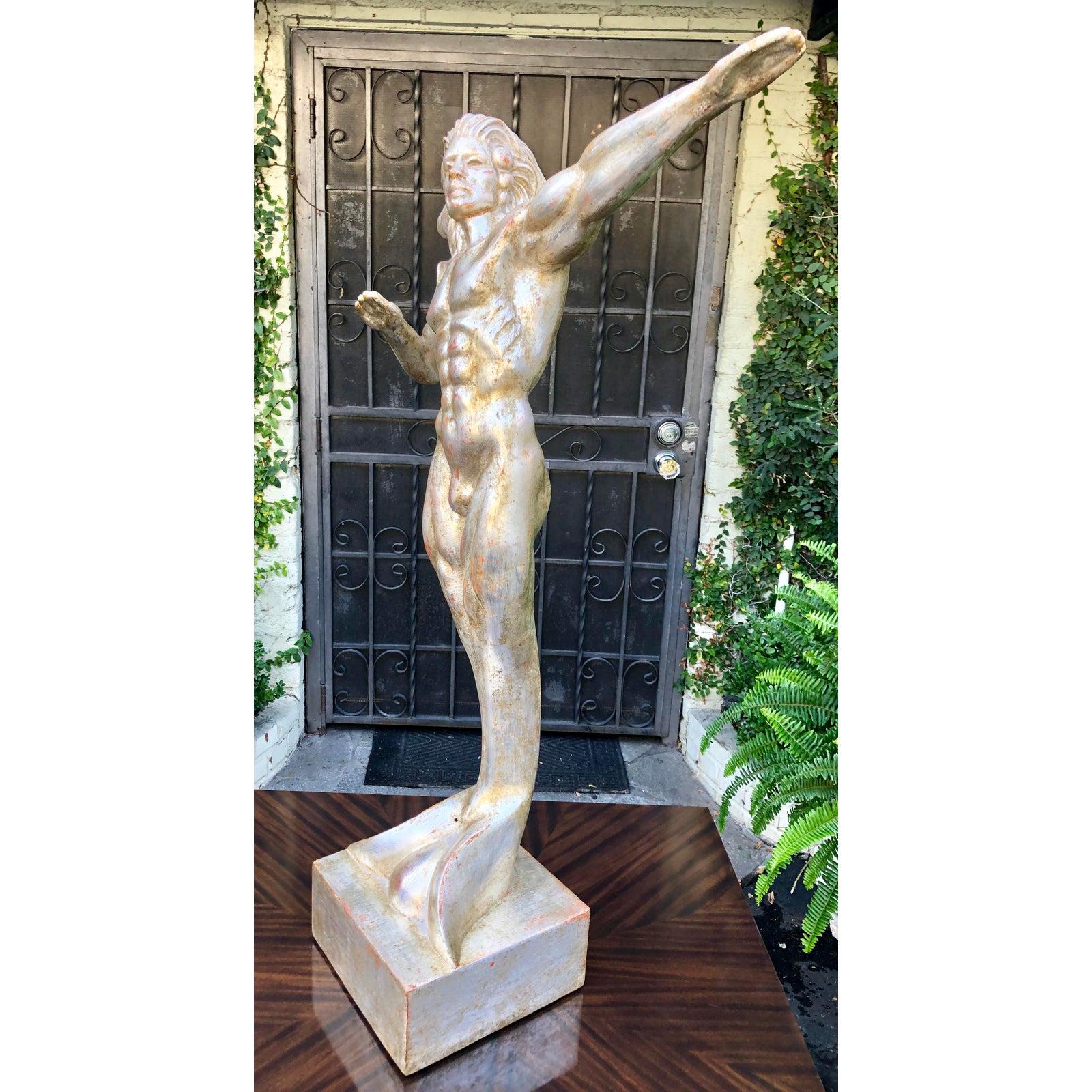 20th Century Rare Art Deco Male Nude Merman White Gold Giltwood Sculpture