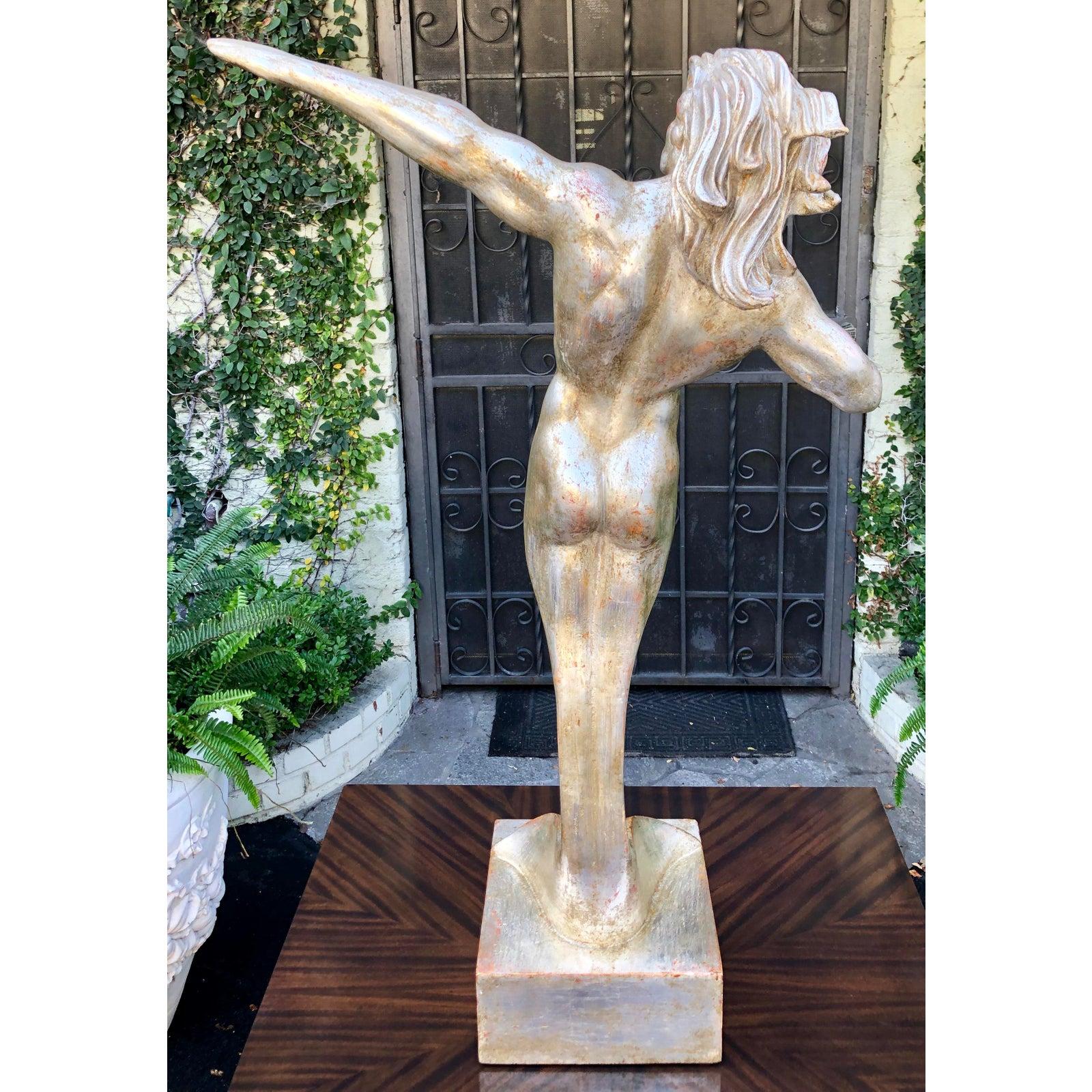 Rare Art Deco Male Nude Merman White Gold Giltwood Sculpture 1