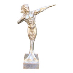 Rare Art Deco Male Nude Merman White Gold Giltwood Sculpture