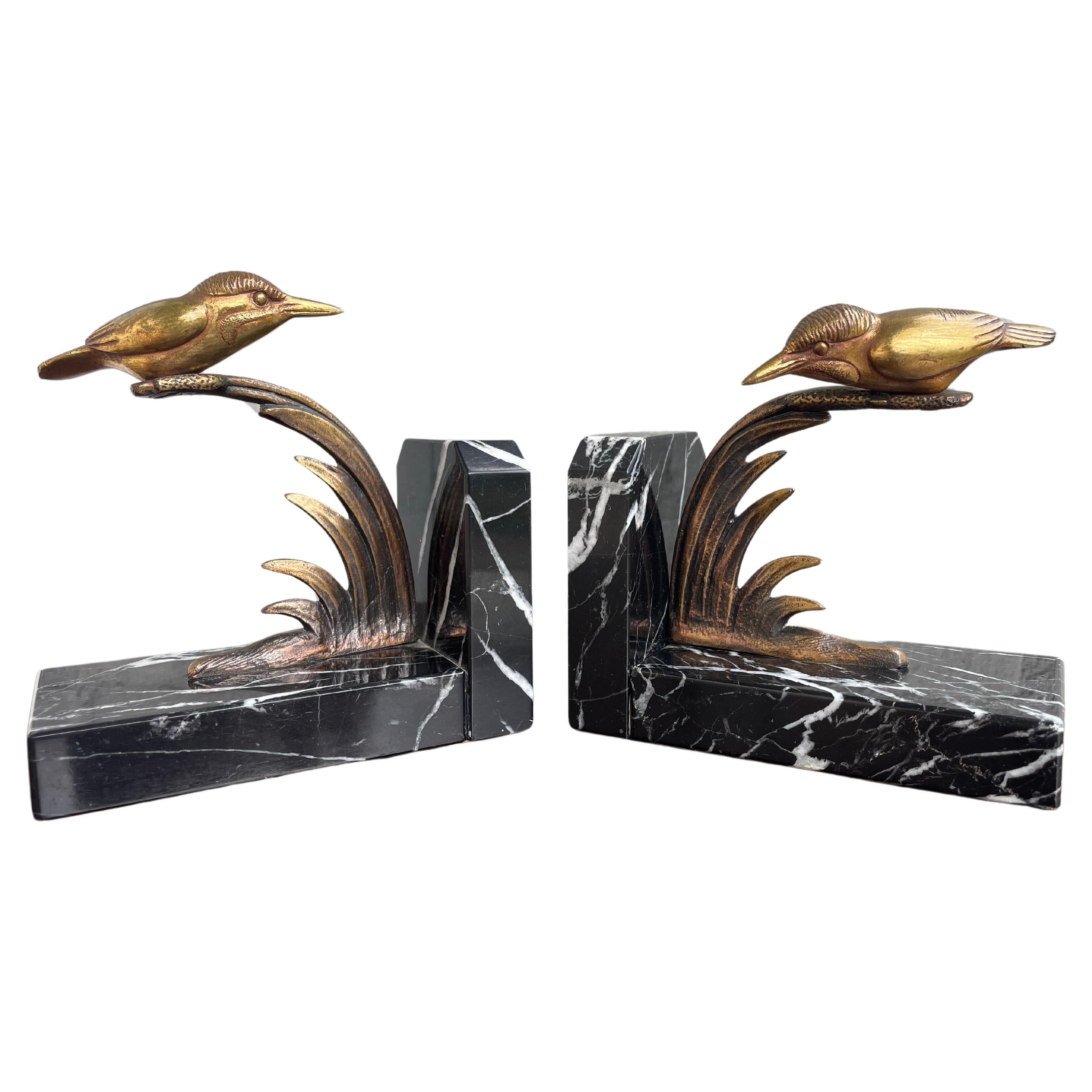 Rare Art Deco Marble Bookends w. Gilt Bronze Kingfisher Bird Sculptures on Reeds