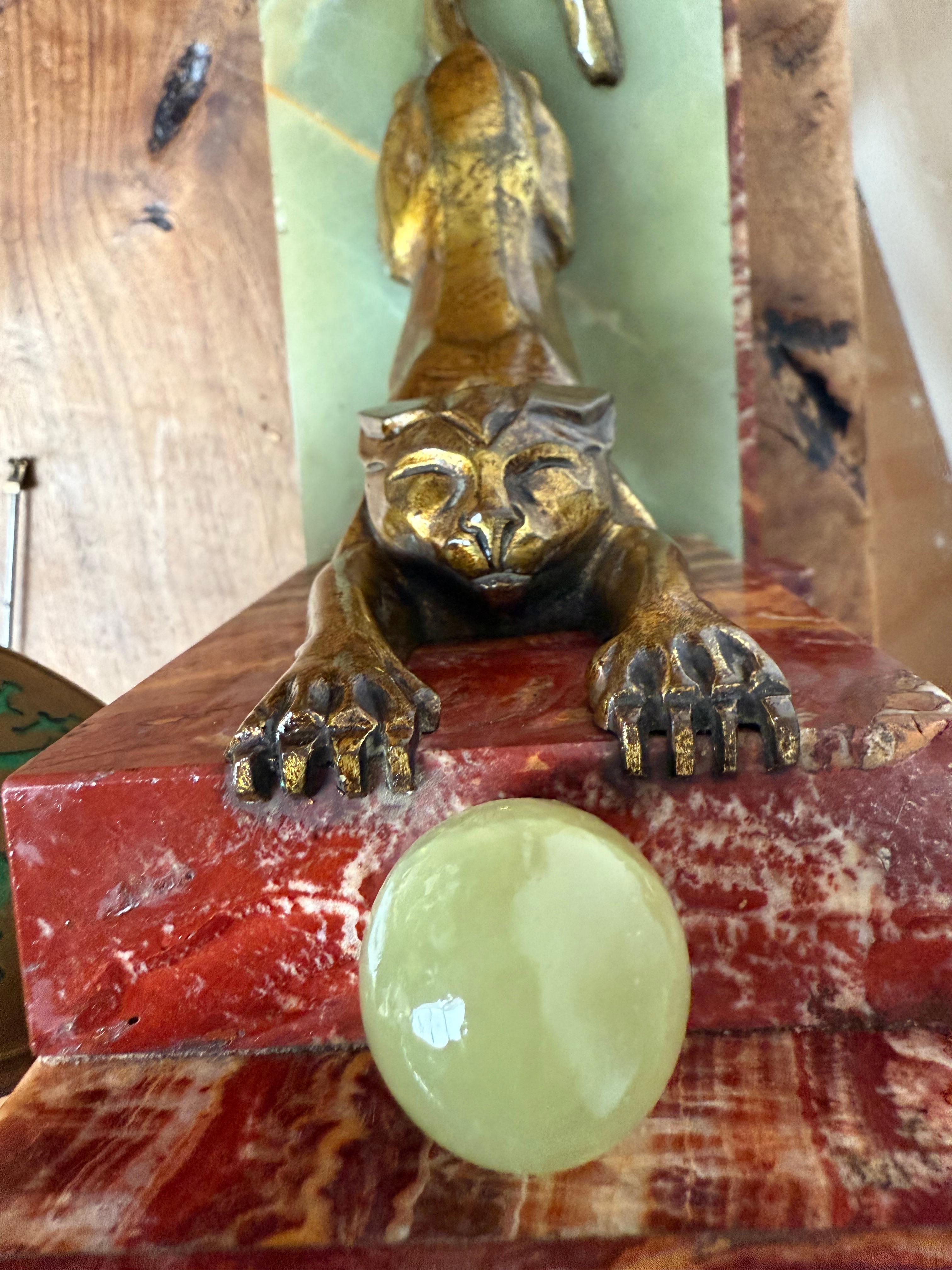 Rare Art Deco Marble & Onyx Mantle Clock w. Bronze Dog & Cat, Ball Playing Theme For Sale 3