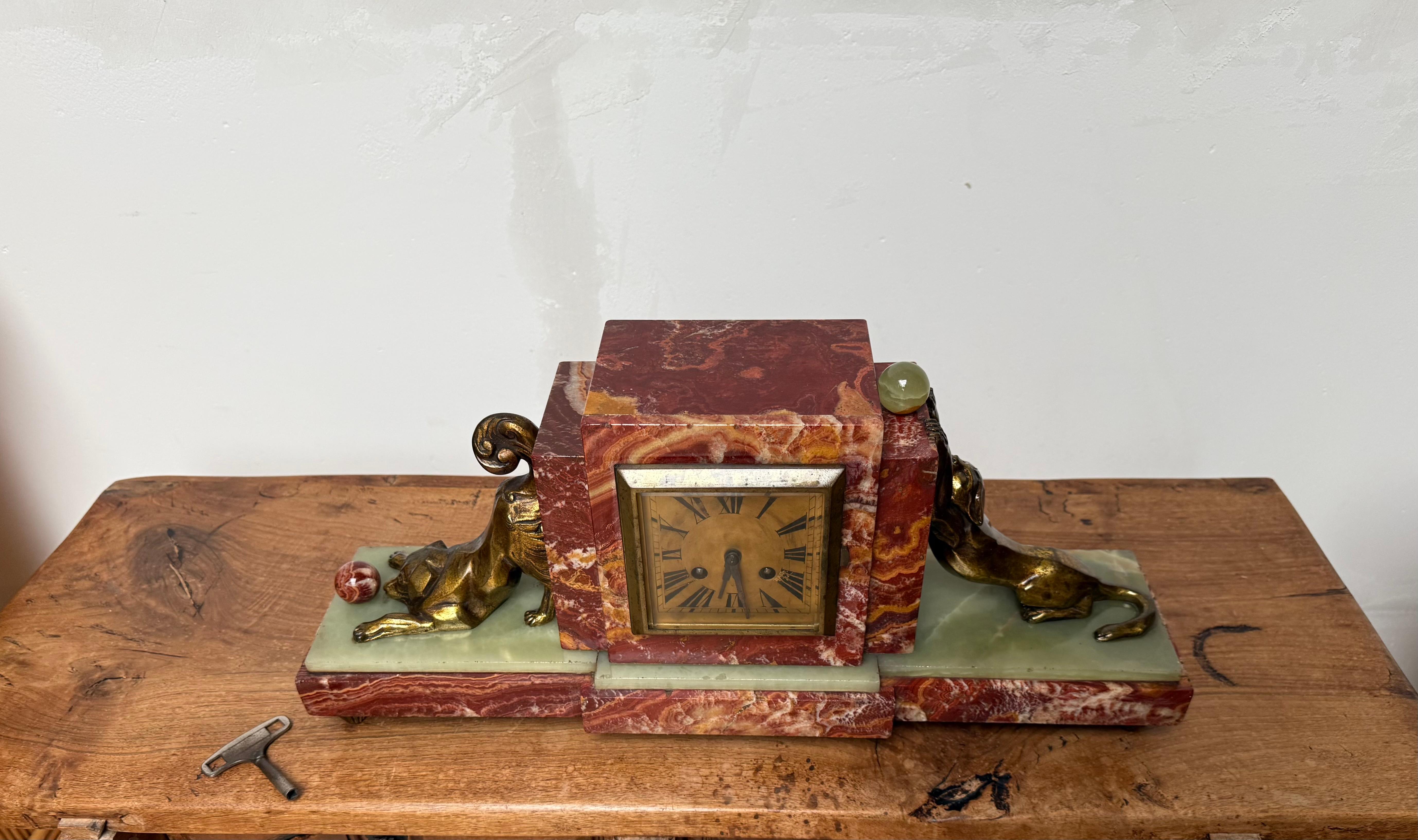 Rare Art Deco Marble & Onyx Mantle Clock w. Bronze Dog & Cat, Ball Playing Theme For Sale 5