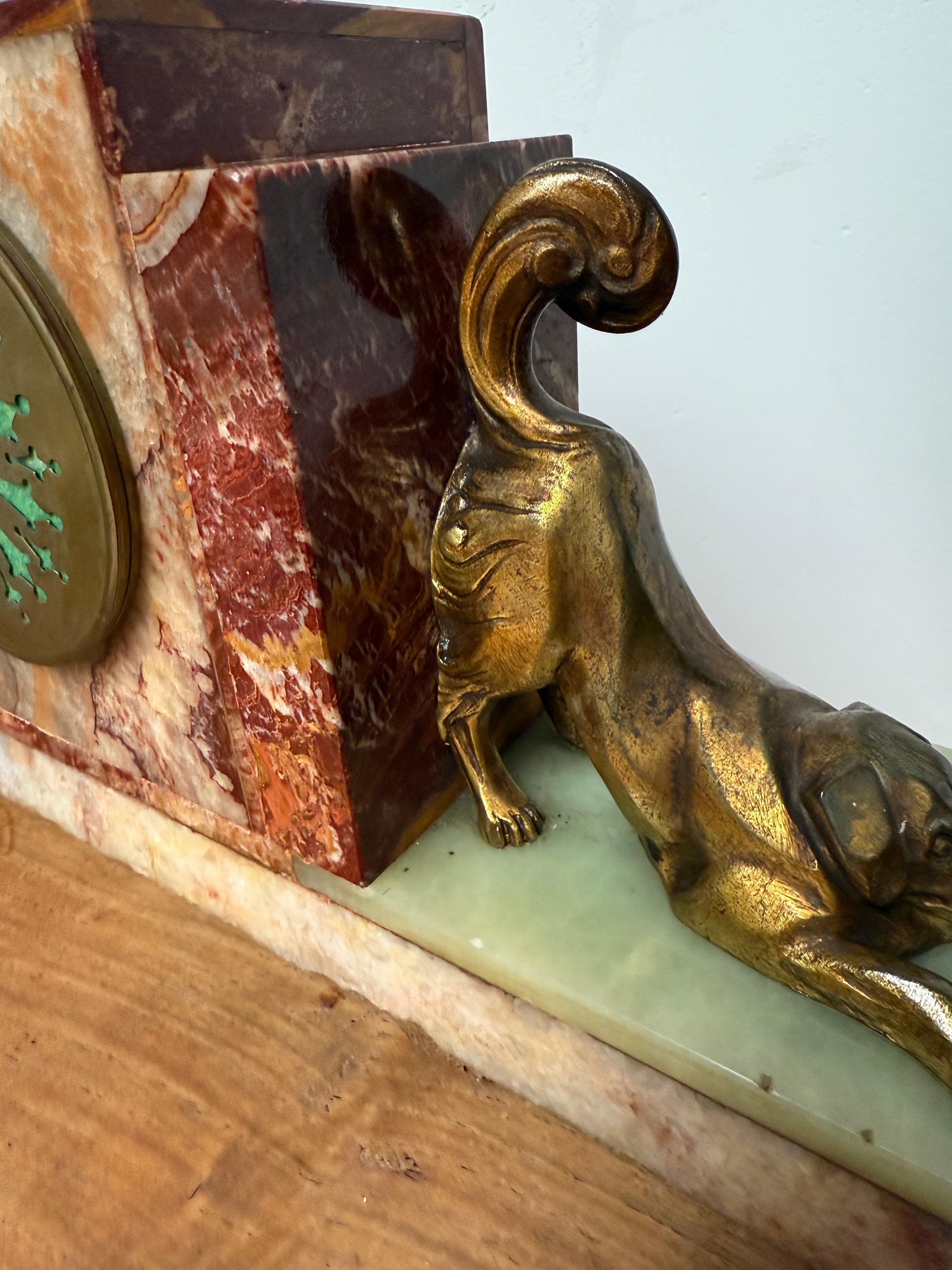 Rare Art Deco Marble & Onyx Mantle Clock w. Bronze Dog & Cat, Ball Playing Theme For Sale 6