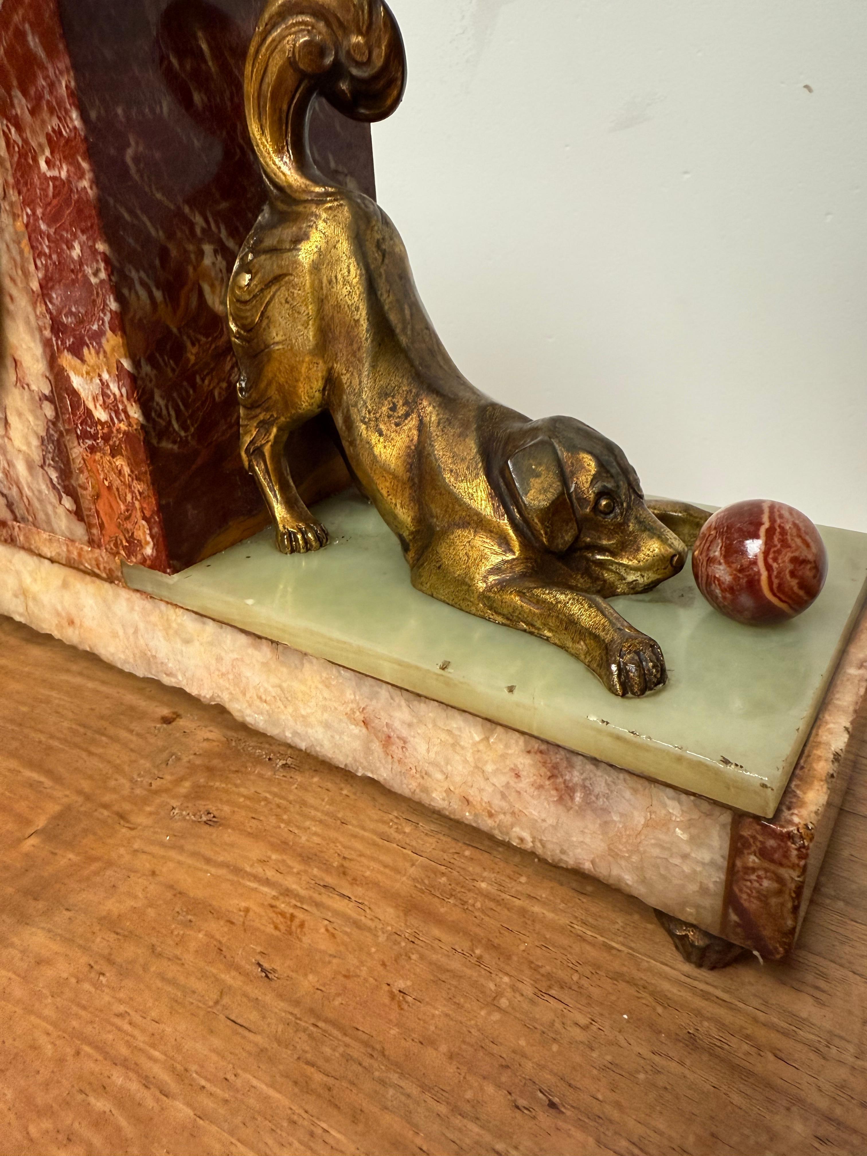 Rare Art Deco Marble & Onyx Mantle Clock w. Bronze Dog & Cat, Ball Playing Theme For Sale 7