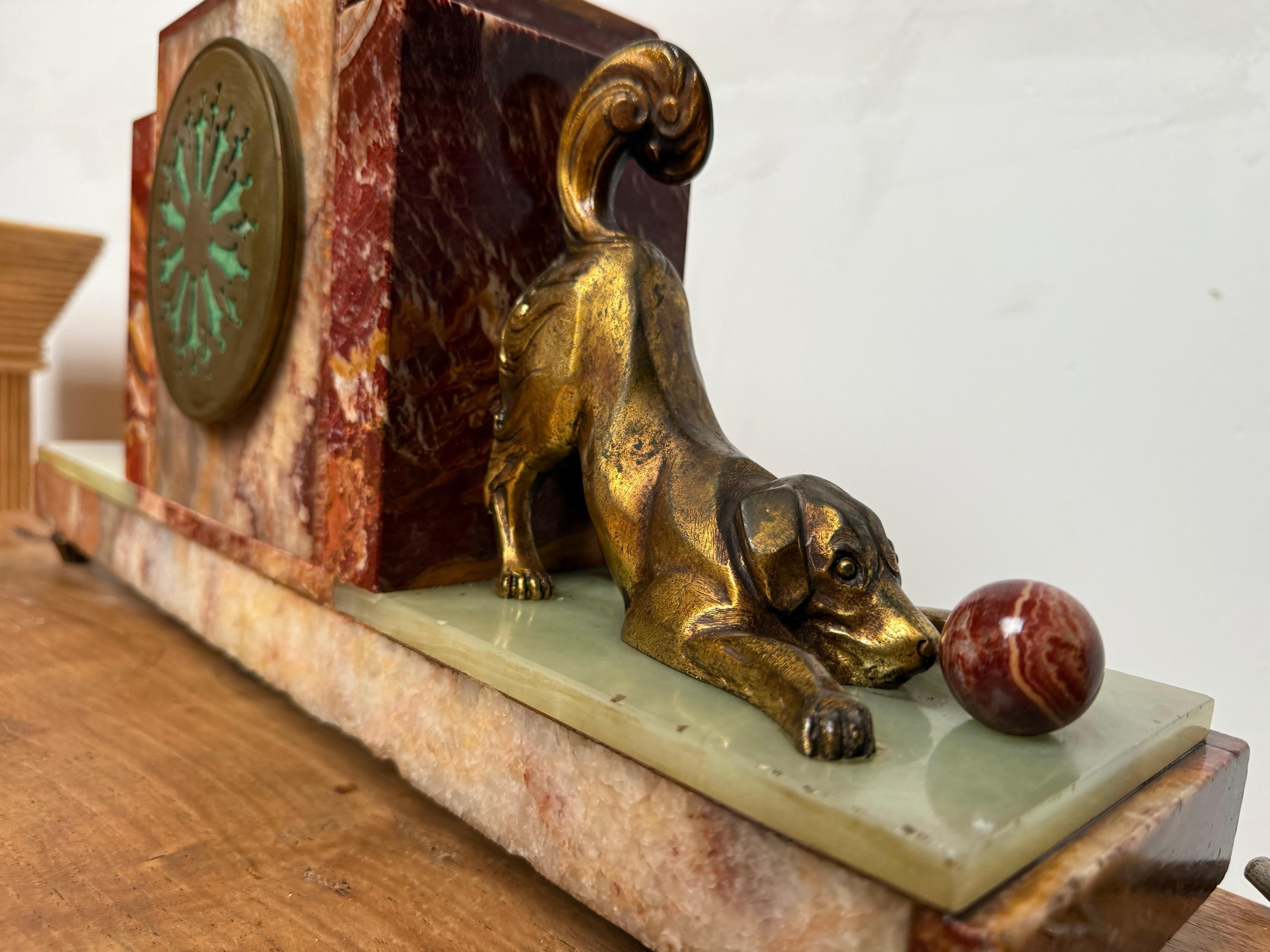 Rare Art Deco Marble & Onyx Mantle Clock w. Bronze Dog & Cat, Ball Playing Theme For Sale 8