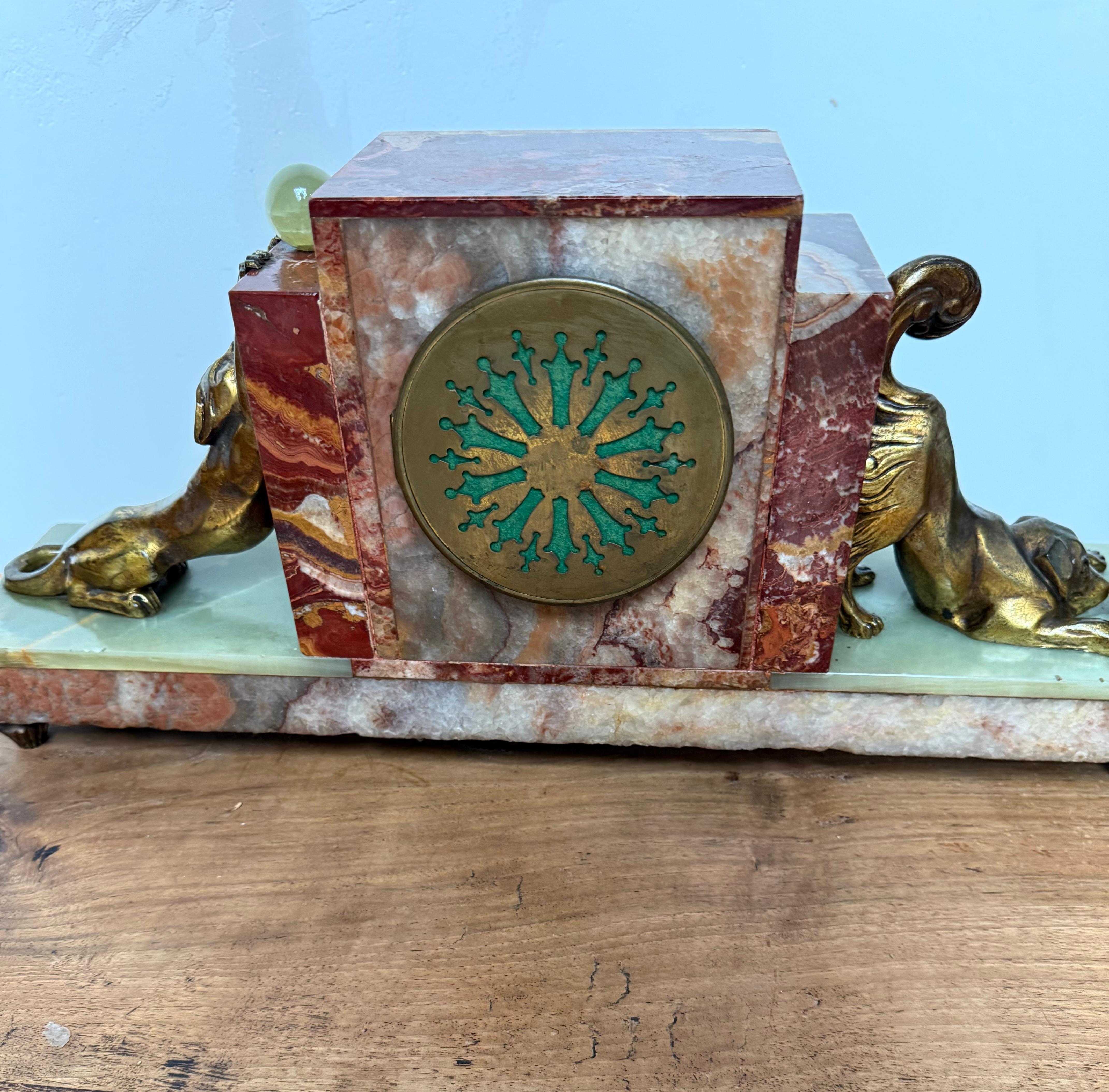 Rare Art Deco Marble & Onyx Mantle Clock w. Bronze Dog & Cat, Ball Playing Theme For Sale 9