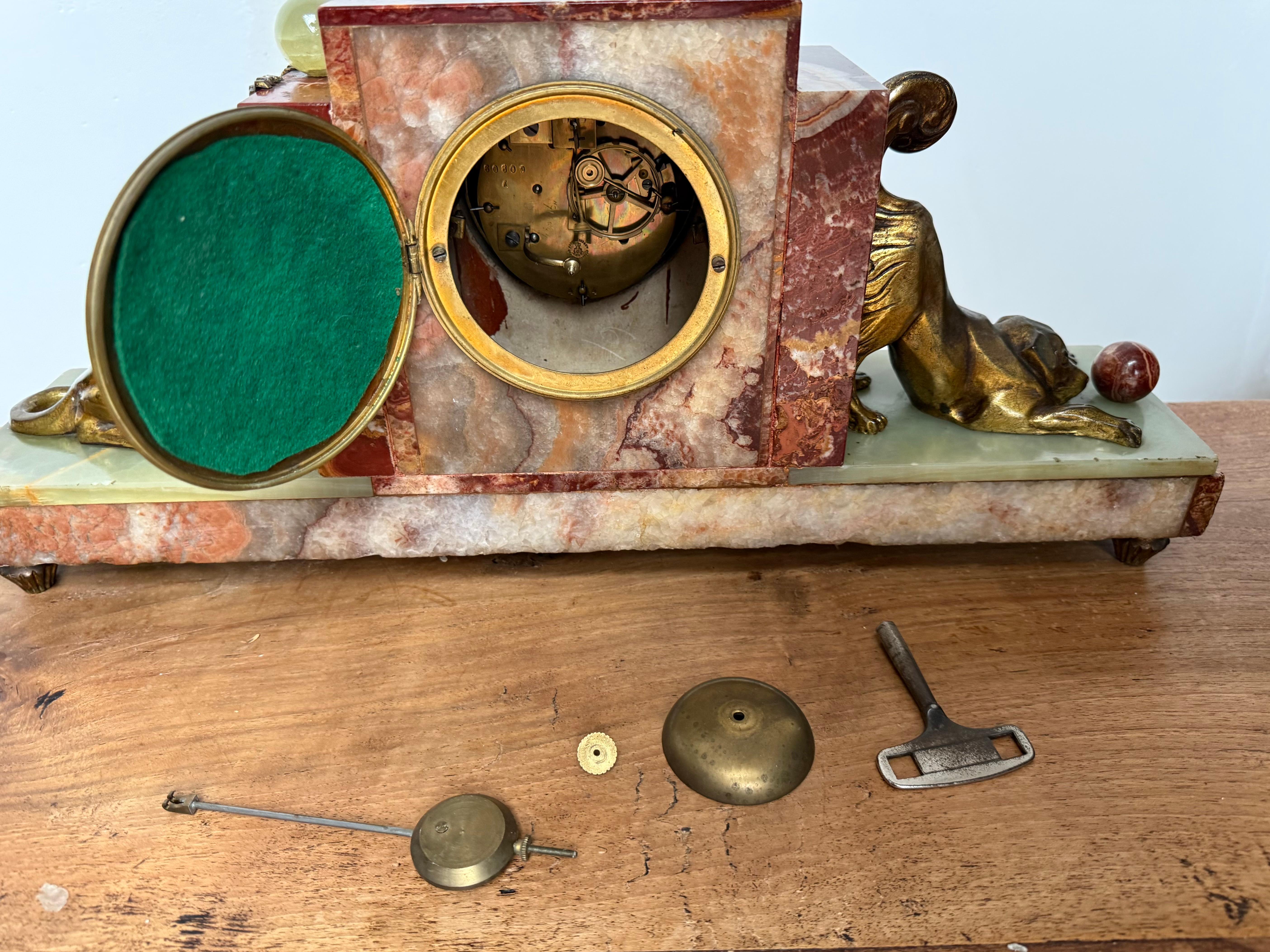 Rare Art Deco Marble & Onyx Mantle Clock w. Bronze Dog & Cat, Ball Playing Theme For Sale 10
