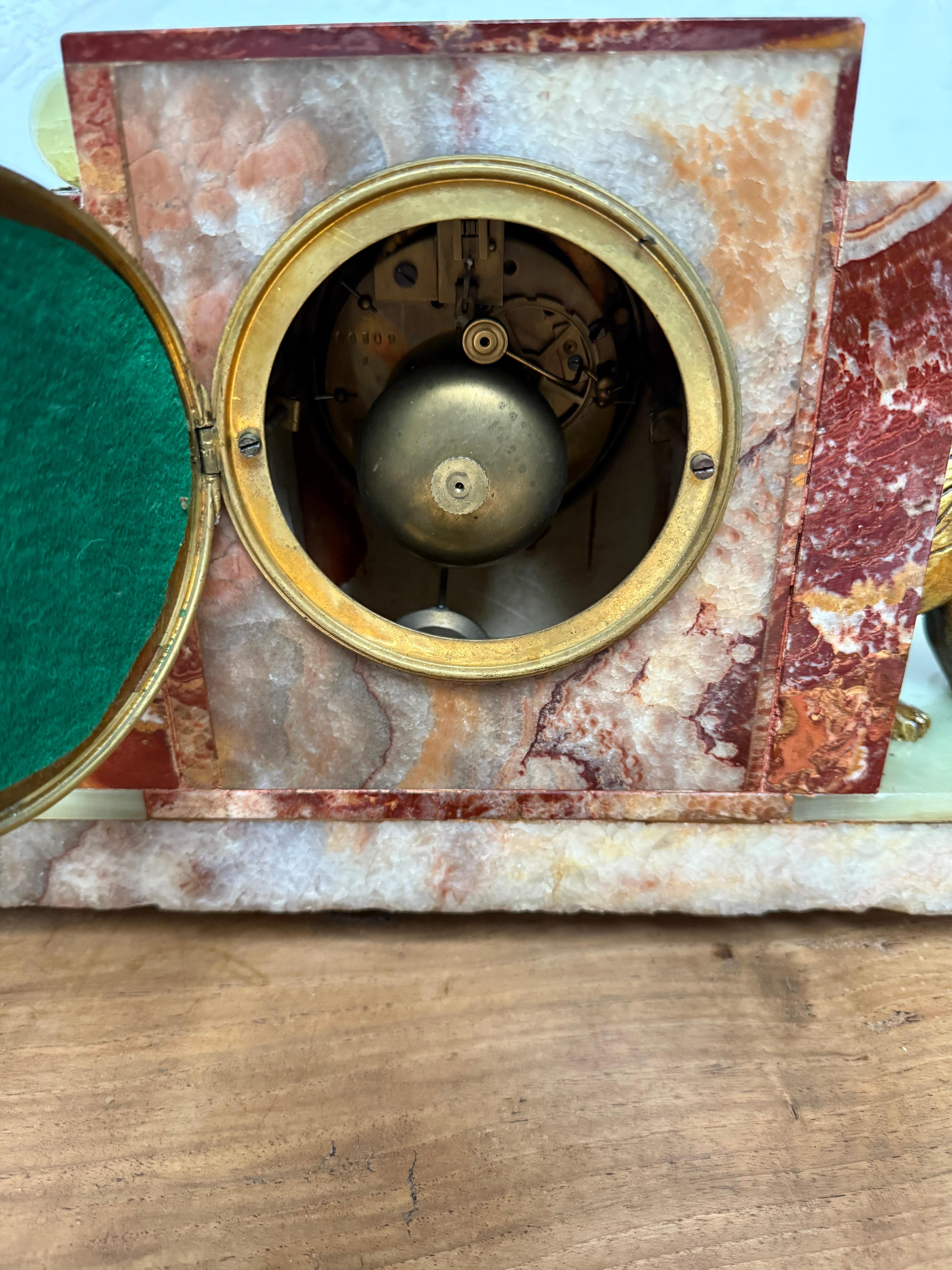 Rare Art Deco Marble & Onyx Mantle Clock w. Bronze Dog & Cat, Ball Playing Theme For Sale 12