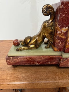 Rare Art Deco Marble & Onyx Mantle Clock w. Bronze Dog & Cat, Ball Playing Theme