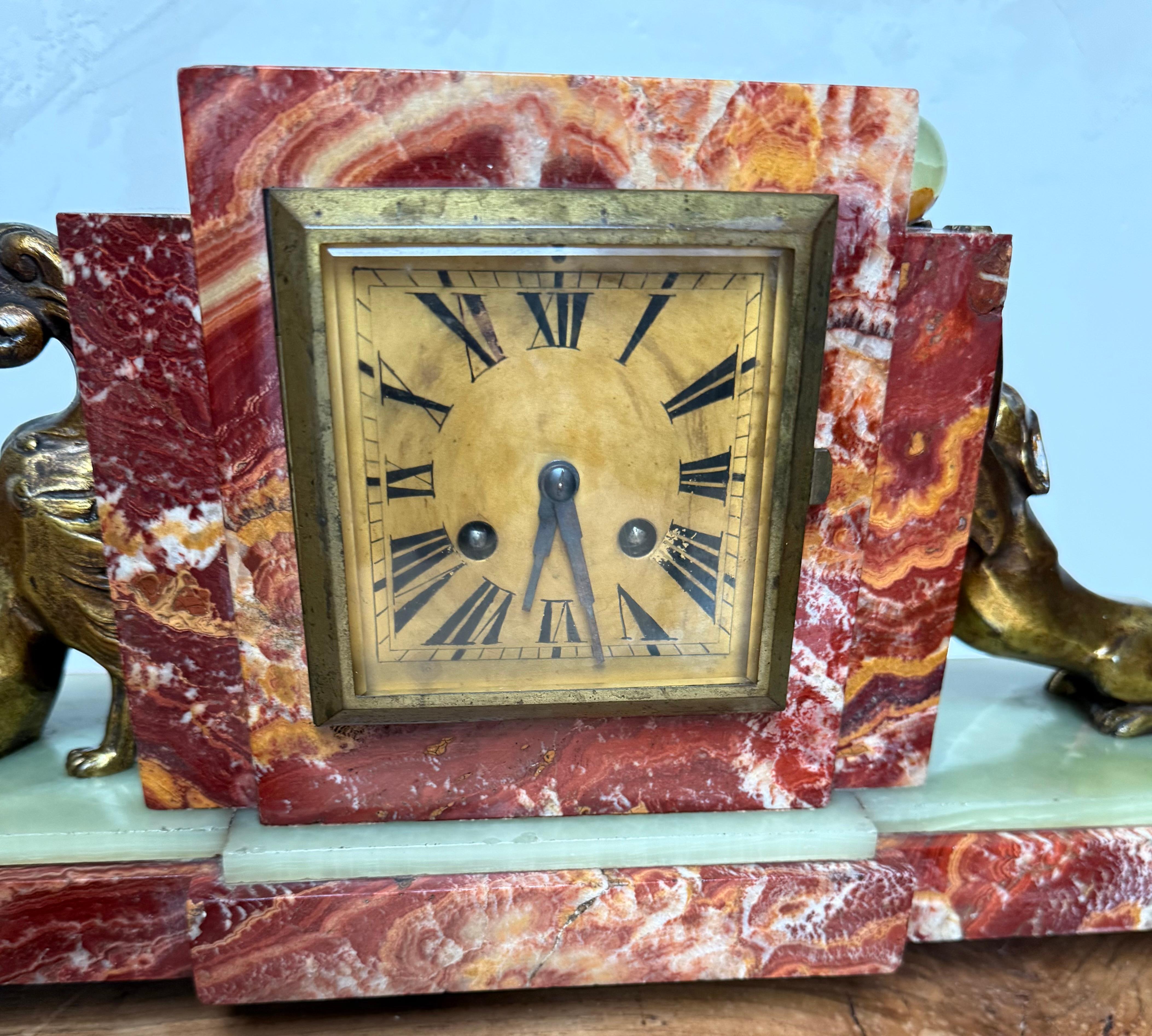 Cast Rare Art Deco Marble & Onyx Mantle Clock w. Bronze Dog & Cat, Ball Playing Theme For Sale