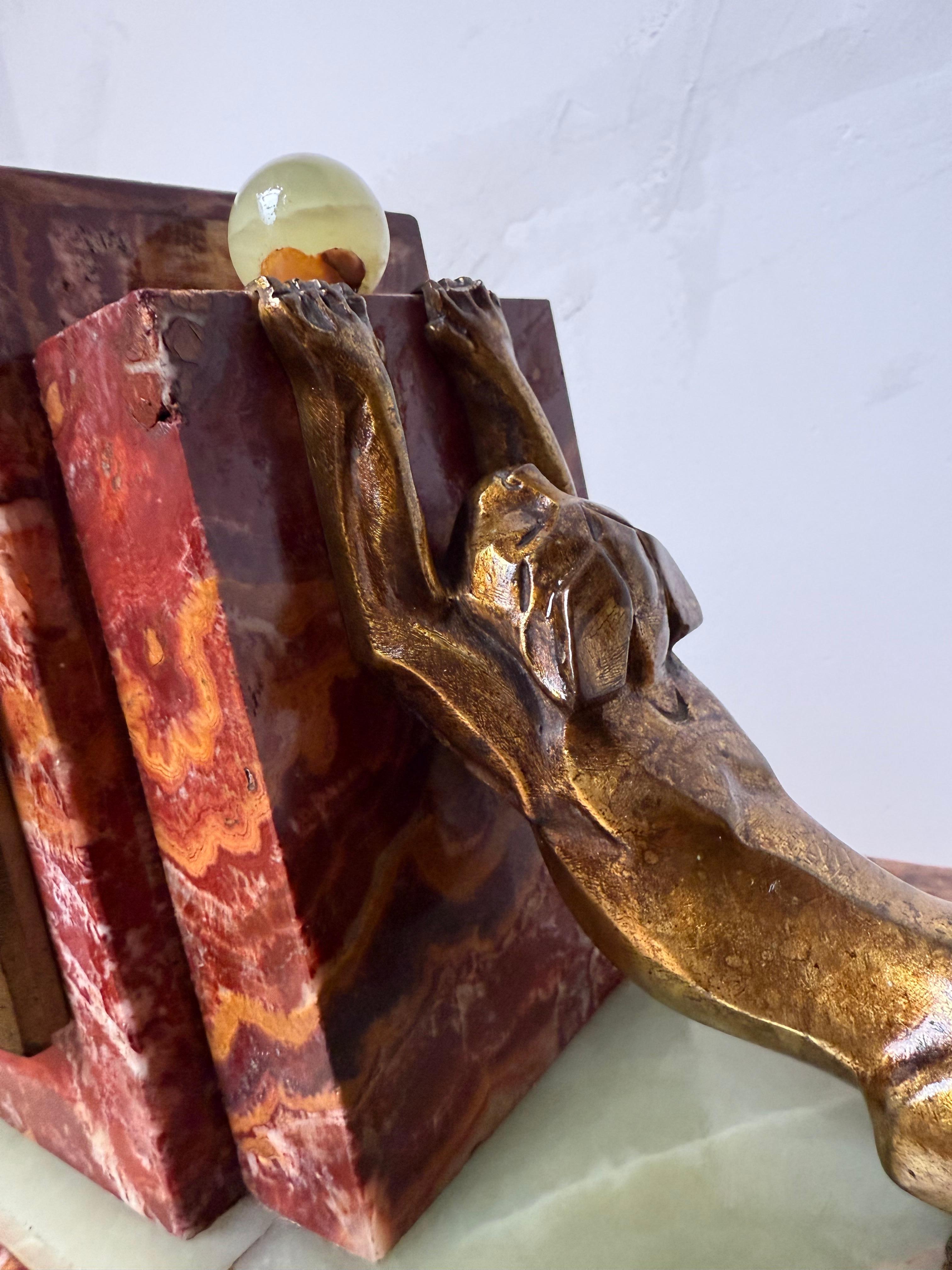 20th Century Rare Art Deco Marble & Onyx Mantle Clock w. Bronze Dog & Cat, Ball Playing Theme For Sale