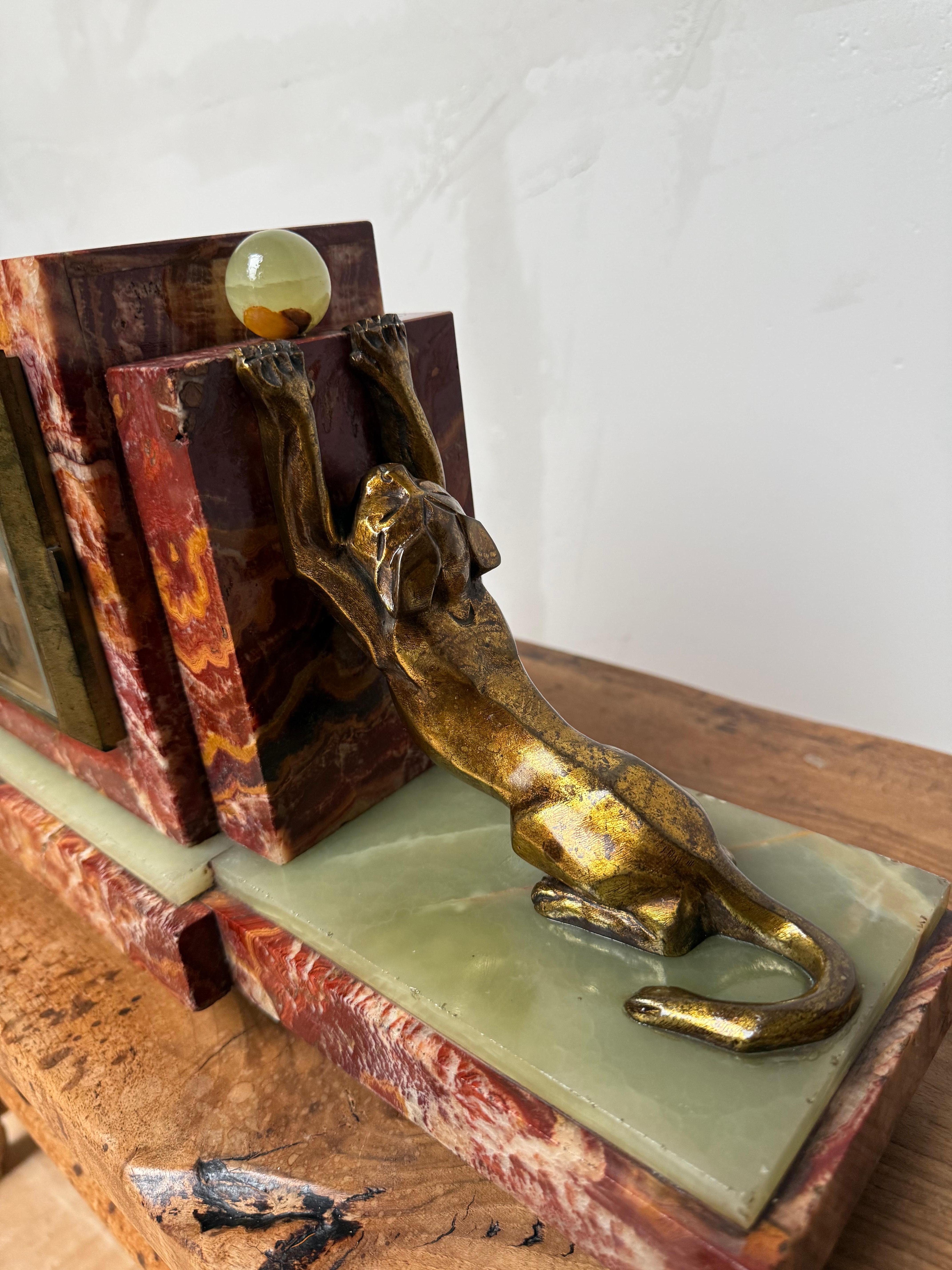 Rare Art Deco Marble & Onyx Mantle Clock w. Bronze Dog & Cat, Ball Playing Theme For Sale 2